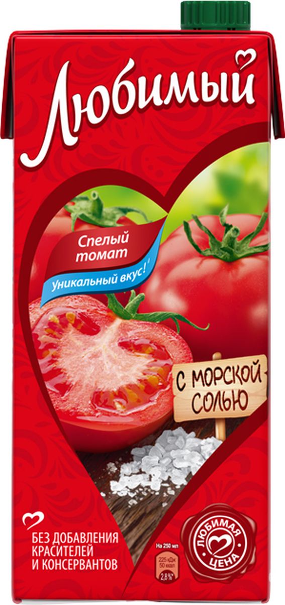 Любимый Томат с солью нектар с мякотью,0,95 л340028114 Любимый Томат с солью нектар с мякотью,0,95 л340028114Любимый – это нектары, соковые напитки, а также сиропы на любой вкус по доступной цене. Они бережно сохраняют настоящий вкус и аромат сочных спелых фруктов без использования искусственных красителей и консервантов. В ассортиментной линейке бренда представлены как популярные в России вкусы, так и уникальные сочетания фруктов. Любимый: гармонично вместе!