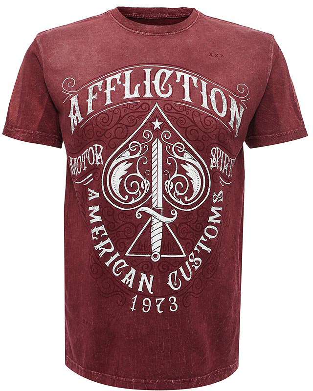 Футболка мужская Affliction Death Spade, цвет: бордовый. A13609. Размер 3XL (56)A13609 Футболка мужская Affliction Death Spade, цвет: бордовый. A13609. Размер 3XL (56)A13609Футболка мужская Affliction выполнена из натурального хлопка. Модель с круглым вырезом горловины и короткими рукавами оформлена оригинальным принтом.
