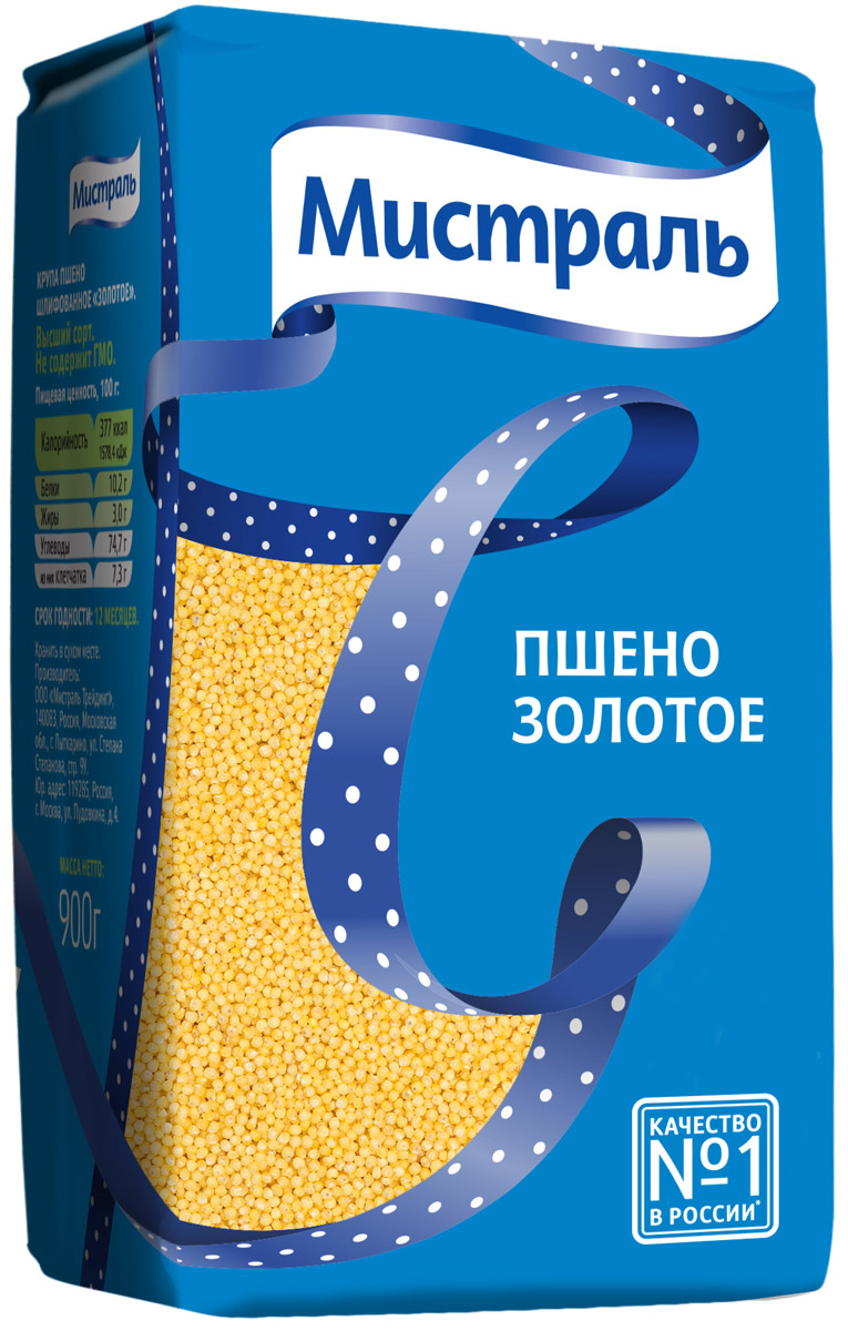 Мистраль Пшено Золотое, 900 г12252 Мистраль Пшено Золотое, 900 г12252Золотое пшено Мистраль получено из отборных зерен проса, которые проходят многоступенчатую очистку. Имеет однородный светло-желтый цвет, приятный аромат и неповторимый вкус.Золотое пшено идеально подходит для приготовления молочной каши, гарниров и десертов. Известно, что чем ярче цвет пшена, тем оно вкуснее и полезнее. Пшенная крупа Мистраль яркой желтой окраски - ценный источник клетчатки и легкоусваиваемых растительных белков. При варке зерна приобретают нежно-желтый оттенок и становятся мягкими, сохраняя свою форму.Уважаемые клиенты! Обращаем ваше внимание на то, что упаковка может иметь несколько видов дизайна. Поставка осуществляется в зависимости от наличия на складе.