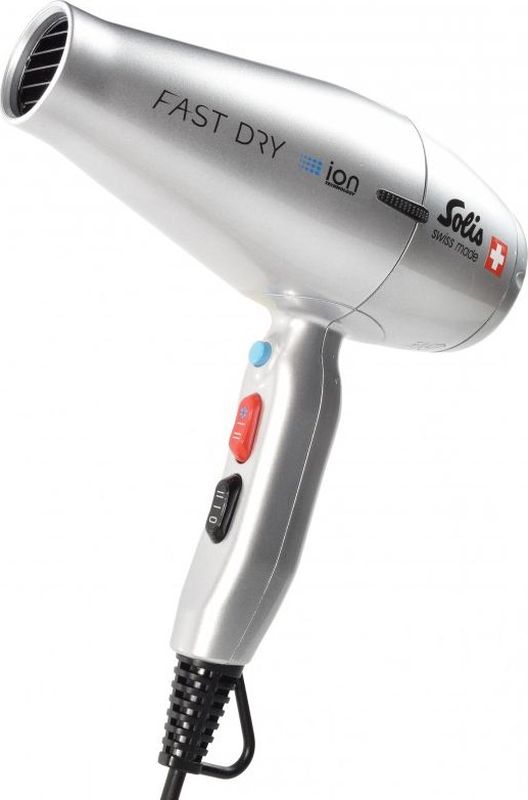 Solis FastDry, Silver фенFastDry silver Solis FastDry, Silver фенFastDry silverФен Solis FastDry поможет быстро высушить и красиво уложить волосы любой длины. Данная модель практична и удобна в использовании, имеет эргономичную ручку и одинаково хорошо подойдет как для правшей, так и для левшей. Устройство имеет съемный воздушный фильтр. Фен оснащен режимом ионизации и подачи холодного воздуха, а также имеет защиту от перегрева. Фен работает в двух температурных режимах и в двух режимах интенсивности подачи воздуха. В комплект входит дополнительная насадка-концентратор.Давление воздуха: 29 мбар. Выход воздуха: 27 л/с.Скорость воздуха: до 110 км/ч.