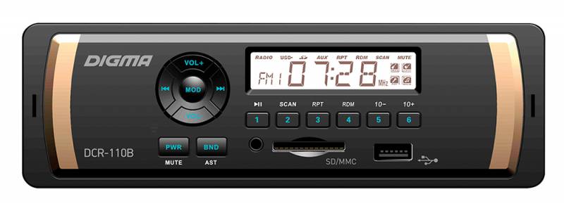 Digma DCR-110B автомагнитола479880 Digma DCR-110B автомагнитола479880MP3/USB ресивер 1DIN, выходная мощность 4х45Вт, FM радио, память на 18 станций, монохромный дисплей, поддержка формата MP3, эквалайзер, порты USB/SD/MMC/AUX, фиксированная панель, синяя подсветка