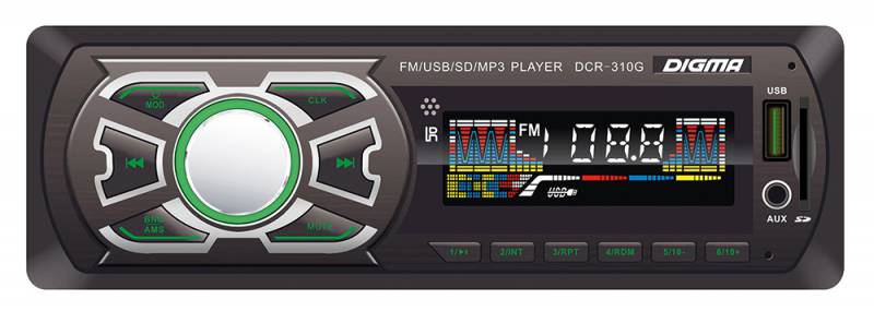 Digma DCR-310G автомагнитола479900 Digma DCR-310G автомагнитола479900MP3/USB ресивер 1DIN, выходная мощность 4х45Вт, FM радио, память на 18 станций, цветной дисплей, поддержка формата MP3, порты USB/SD/MMC/AUX, фиксированная панель, зеленая подсветка