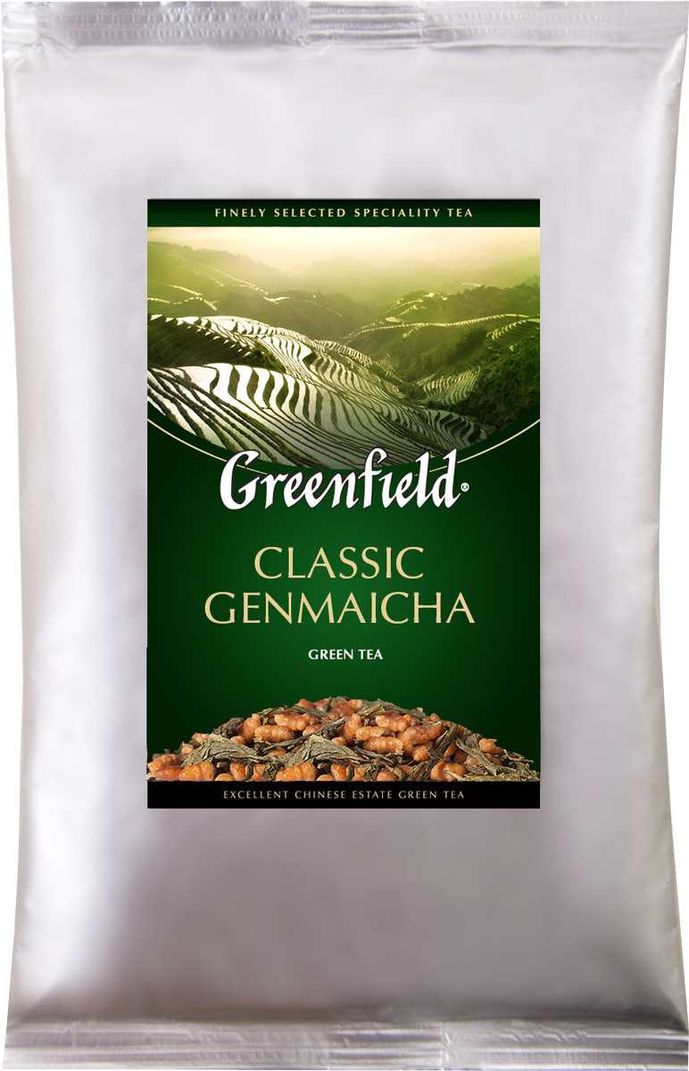 Greenfield Classic Genmaicha чай зеленый листовой с воздушным рисом, 250 г1196-15 Greenfield Classic Genmaicha чай зеленый листовой с воздушным рисом, 250 г1196-15Самобытность и гармония, свойственные национальной японской культуре, воплощаются в оригинальном чае генмайча. Для его приготовления зеленый японский чай сенча объединяют с обжаренными рисовыми зернами, получая изысканное сочетание, интригующее новизной и своеобразием. В насыщенном вкусе Greenfield Classic Genmaicha хорошо слышна характерная свежесть сенчи, послевкусие с легкой карамельной нотой и тонкий, чуть дымный аромат.Исключительную свежесть чая гарантирует упаковка из специальной фольги.