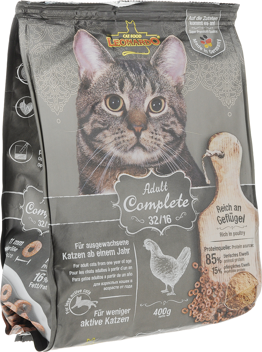 Корм сухой Leonardo Adult Complete 32/16, для взрослых кошек с пониженной активностью, с птицей, 400 г62981 Корм сухой Leonardo Adult Complete 32/16, для взрослых кошек с пониженной активностью, с птицей, 400 г62981Сухой корм Leonardo Adult Complete 32/16 отвечает современным требованиям к калорийности (жиры 16%) и предназначен для малоактивных кошек.Особые ингредиенты:- Солод - кошкам нравится вкус натурального и обжаренного солода.- Льняное семя - обогащено жирными кислотами Омега-3 и слизистыми веществами, улучшающими пищеварение.- Пивные дрожжи - богатое содержание витаминов группы В, аминокислот, микроэлементов и минеральных веществ.Преимущества:- Таурин - незаменимая аминокислота для укрепления зрения. - Лецитин - улучшает обмен веществ, укрепляет сердечно-сосудистую систему. - PH контроль - оптимизирует PH мочи. Источники белка: 85% животный белок, 15% растительный белок.Товар сертифицирован.