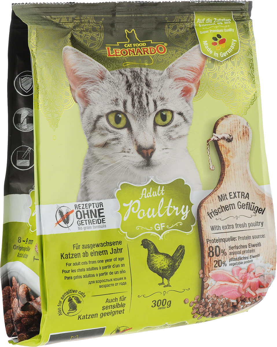 Корм сухой Leonardo Adult Poultry GF, для взрослых кошек, беззерновой, с птицей, 300 г63053 Корм сухой Leonardo Adult Poultry GF, для взрослых кошек, беззерновой, с птицей, 300 г63053Корм сухой Leonardo Adult Poultry GF является идеальным решением для кошек с пищевой непереносимостью, которые, как правило, страдают от аллергии. Размер гранул 8-9 миллиметров.Особые ингредиенты:- Амарант - питательная альтернатива злакам, без содержания глютена. - Семена чии - поддерживают пищеварение при помощи природных слизистых веществ и содержат 20% жирных кислот Омега-3.- Морской зоопланктон (криль) - обогащен важными компонентами, такими как жирные кислоты Омега-3, астаксантин и натуральные энзимы.Преимущества:- ProVital – улучшается иммунитет благодаря бета-гликанам в пивных дрожжах. - Удаление зубного налета с помощью добавки STAY-Clean.- PH контроль – оптимизирует PH мочи. Источники белка: 80% животный белок, 20% растительный белок.Товар сертифицирован.