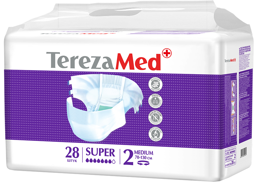 TerezaMed Подгузники для взрослых Super Medium №2 28 шт18611 TerezaMed Подгузники для взрослых Super Medium №2 28 шт18611Подгузники TerezaMed Super Medium (ночные) предназначены для больных недержанием средней тяжести. Подгузник выполнен из мягкого дышащего материала, который пропускает пары влаги, а боковые ушки полностью пропускают воздух. Это позволяет коже пациента под подгузником дышать, а так же снижает риск появления опрелостей. Ядро подгузника состоит из натурального материала - целлюлозы, в которую добавлен суперабсорбент, впитывающий жидкость в больших количествах и обладающий свойством подавлять развитие неприятного запаха. Зеленый распределительный слой эффективно впитывает жидкость и распределяет ее внутри подгузника, тем самым снижая риск появления протечек. Крепление подгузника обеспечивается надежными липучками типа замочек, что позволяет многократно их приклеивать и отклеивать. Боковые бортики вокруг ног сделаны из гидрофобного материала и надежно запирают жидкость внутри. Специальные запатентованные технологии Soft Core, Hybatex и Odour dry system позволяют обеспечивать высокую степень впитываемости и поглощения запаха. Подгузники протестированы в Германии. Размер талии пациента: средний, 70-110см. Впитываемость: 2600 мл ±5%