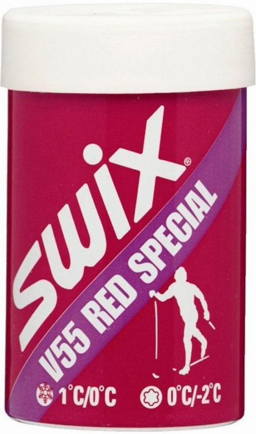 Мазь держания Swix V55 Red Special, 45 гV0055 Мазь держания Swix V55 Red Special, 45 гV0055Мазь держания Swix V55 Red Special предназначена для смазывания беговых лыж. Используется при влажном новом снеге в температурном диапазоне до +1°С или при старом перерожденном гранулированного снеге при температуре до -2°С.Состав: очищенные компоненты нефти, синтетическая резина, фармацевтические масла.