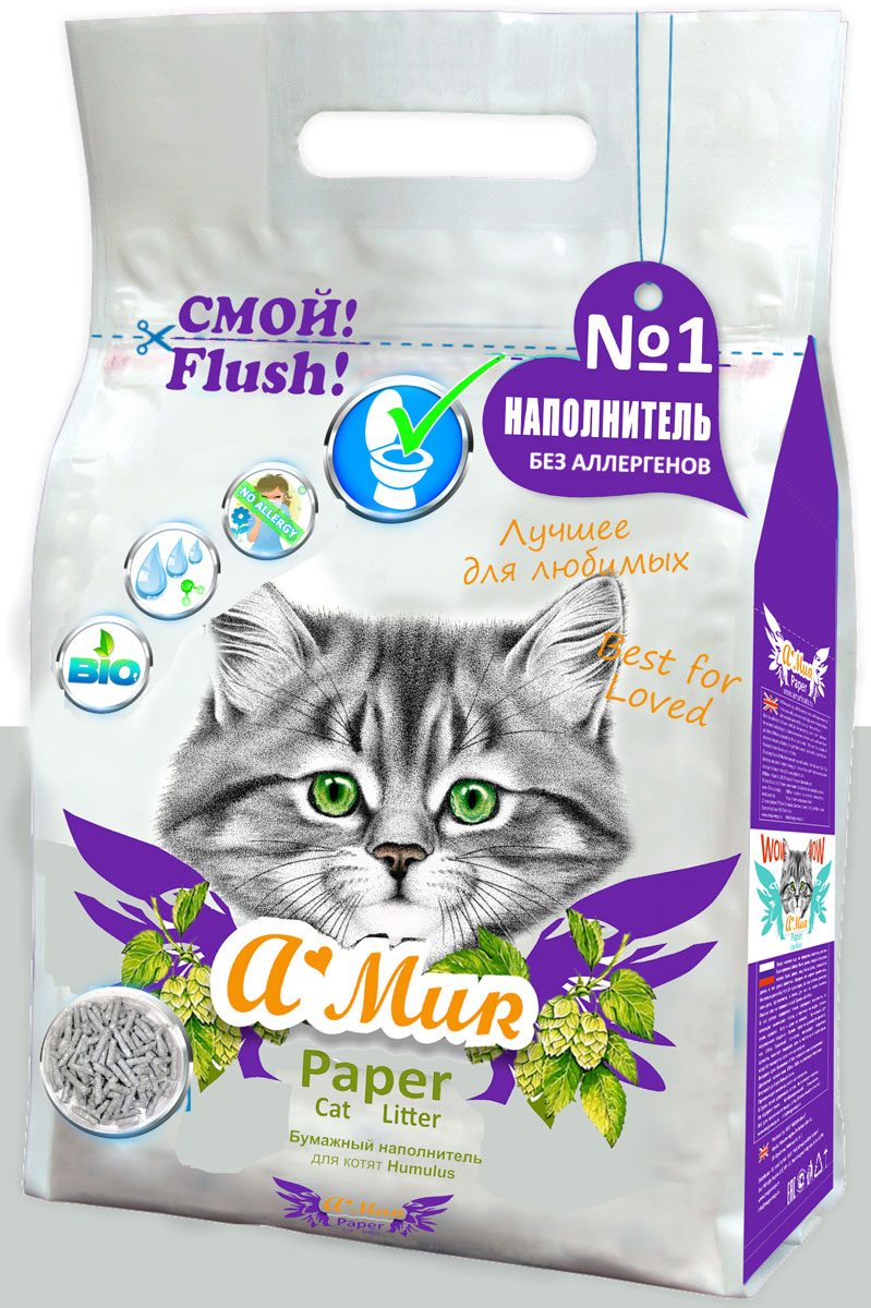 Наполнитель для кошачьего туалета AMUR Хмель, бумажный, для котят, 6 л