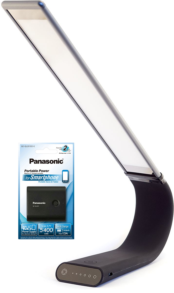 Настольная лампа Лючия, светодиодная, цвет: черный, 2,4W. NL-3 + ПОДАРОК: Powerbank Panasonic4606400622277 Настольная лампа Лючия, светодиодная, цвет: черный, 2,4W. NL-3 + ПОДАРОК: Powerbank Panasonic4606400622277Оригинальный светильник Лючия обеспечит комфортное освещение для работы и отдыха в темное время суток, особенно при использовании смартфона, планшета или ноутбука.Особенности: Светодиодный. Гибкая подставка (180°). Сенсорная кнопка включения/ выключения. Micro-USB разъем для зарядки аккумулятора. Кнопка переключения температуры света. Кнопки диммирования светового потока. Индикация зарядки и низкого уровня заряда аккумулятора. Управление светильником и его функции. Для включения/ выключения необходимо прикоснуться к соответствующей кнопке (3). Для выбора одного из трех режимов цветовой температуры прикоснитесь к кнопке на торце подставки (5): теплый белый 3100К рекомендуется для пользования смартфонов в темном месте, нейтральный белый 4100К - для чтения, холодный белый 5200К - для письма. Для увеличения или уменьшения светового потока воспользуйтесь кнопками диммирования (6). Проведите пальцем слева направо для усиления и, наоборот, справа налево - для уменьшения. Синий свет светодиода (7) обозначит низкий уровень заряда аккумулятора и возможность работы светильника в течение 10 - 20 мин., поэтому воспользуйтесь USB-кабелем и зарядите аккумулятор. Время зарядки аккумулятора составляет примерно 2 - 3 часа. В процессе зарядки светодиод (7) будет гореть красным светом и погаснет, когда аккумулятор полностью зарядится. Время работы светильника в зависимости от уровня яркости примерно 3 - 30 ч. Пожалуйста, при зарядке аккумулятора используйте кабель, поставляемый в комплекте. Технические характеристики. Тип аккумулятора: литий-ионный. Емкость аккумулятора: 2000 мАч. Вес светильника: 385 г. Рабочий диапазон тем-р: -20°С +50°С. Входные параметры: DC 5 В 1 А. Температура света и световые потоки: теплый белый 3100 К 20 - 120 лм; нейтральный белый 4100 К 25 - 150 лм; холодный белый 5200 К 30 - 185 лм. Мощность: теплый белый 0.4 - 1,8 Вт; нейтральный белый 0.75 - 2.4 Вт; холодный белый 0.46 - 2.2 Вт. Общая длина лампы: 56 см, длина световой части: 30 см.В комплекте имеется подарок: Powerbank Panasonic. Портативный источник питания для электронных устройств с индикатором зарядки трех цветов. Количество циклов зарядки/разрядки внутреннего аккумулятора около 500 раз.