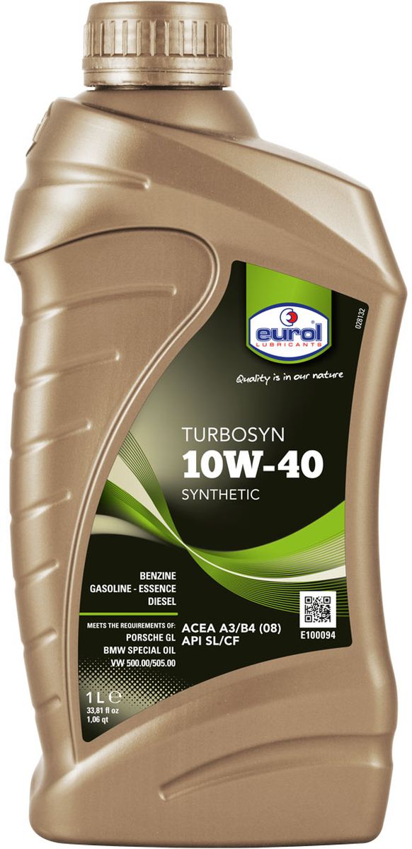Масло моторное Eurol Turbosyn, полусинтетическое, 10W-40, 1 лE100094-1l_1 Масло моторное Eurol Turbosyn, полусинтетическое, 10W-40, 1 лE100094-1l_1Полусинтетическое моторное масло для легковых автомобилей и легкого коммерческого транспорта.Eurol Turbosyn представляет собой полусинтетическое моторное масло. Является универсальным для бензиновых и дизельных двигателей легковых автомобилей и легкого коммерческого транспорта. Это масло обеспечивает хорошую смазочную пленку при низких и высоких рабочих температурах.Полусинтетическое моторное масло Eurol Turbosyn позволяет двигателю работать в любых условиях, благодаря специальному пакету присадок. Кроме этого с помощью этого продукта можно получить экономию топлива и сокращение выбросов выхлопных газов. Из-за уникального состава, масло имеет низкую тенденцию к испарениям, сводя к минимуму потребление нефти.Вместе с моющими и диспергирующими свойствами, это масло будет содержать двигатель в оптимальном состоянии.Из-за высокой температурной стабильности, Eurol Turbosyn будет поддерживать уровенькачества и не загустеет.API SL/CF ; ACEA A3/B4 (10) ; VW 50000 ; VW 50500 ; MB 229.1 ; BMW Special Oil