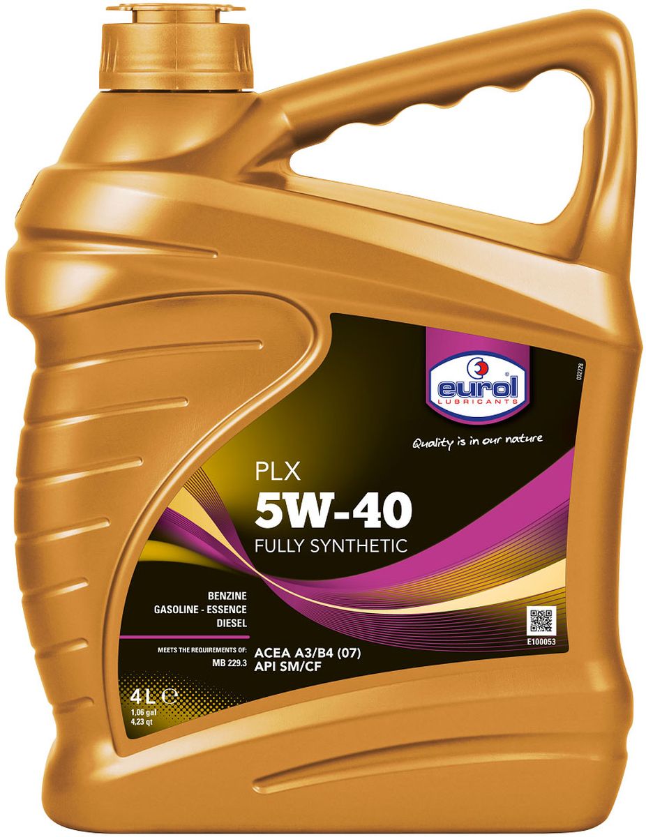 Масло моторное Eurol PLX, синтетическое, 5W-40, 4 лE100053-4l_1 Масло моторное Eurol PLX, синтетическое, 5W-40, 4 лE100053-4l_1Eurol PLX представляет собой современное синтетическое моторное масло для бензиновых и дизельных двигателей легковых автомобилей и легкого коммерческого транспорта. Это масло для автомобилей, оснащенных каталитическими нейтрализаторами и турбонаддувом двигателя, в том числе для систем прямого впрыска топлива.Моторное масло Eurol PLX быстро образует стабильную масляную пленку при низких температурах и обеспечивает высокую термическую стабильность в тяжелых эксплуатационных условиях.Eurol PLX не только предлагает очень хорошую защиту от износа, но также защищает от ржавчины и коррозии. Специальный пакет присадок обеспечивает чистоту двигателя и сохраняет все его части от грязи, шлама и отложений.Синтетическое моторное масло Eurol PLX сохраняет свойства экономии топлива.ACEA: A3/B4 (04) - API SM/CF - MB 229.1/229.3 - VW 502.00/505.00 GM-LL-B-025 - BMW LL-98