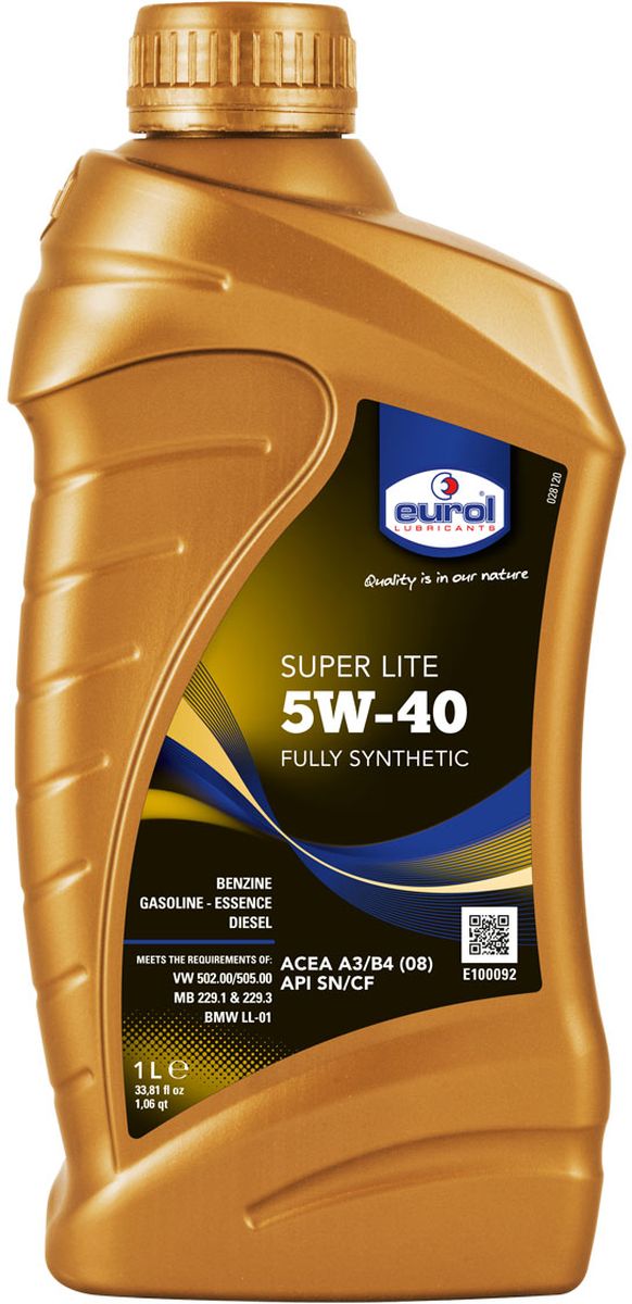 Масло моторное Eurol Super Lite, синтетическое, 5W-40, 1 лE100092-1l_1 Масло моторное Eurol Super Lite, синтетическое, 5W-40, 1 лE100092-1l_1Eurol Super Lite 5W-40 Полностью синтетическое масло для бензиновых и дизельных двигателей легковых автомобилей и легкого коммерческого транспорта. Это масло может использоваться в двигателях с турбонаддувом и без, оборудованных катализаторами, а также в моторах с прямым впрыском топлива. Обеспечивает стабильную масляную пленку при холодном запуске и сохраняет ее при высоких температурах и тяжелых условиях эксплуатации. Синтетическое масло обеспечивает отличную защиту от износа, коррозии и окисления, специальные присадки сохраняют двигатель в чистоте и предотвращают образование отложений и нагара. Обладает топливной экономичностью и может смешиваться с синтетическими и минеральными моторными маслами. API SN/CF ; ACEA A3/B3 (12) ; ACEA A3/B4 (10) ; MB 229.3 ; VW 50200 ; VW 50500 ; GM-LL-B-025 ; BMW Longlife-01 ; Porsche A40 ; Renault RN0700/RN0710 ; PSA B712296