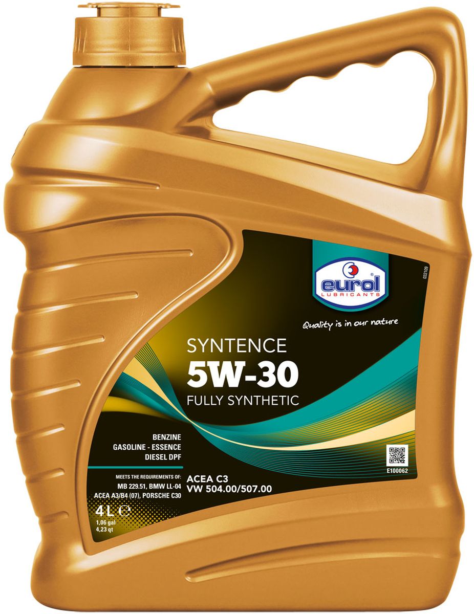 Масло моторное Eurol Syntence, синтетическое, 5W-30, 4 лE100062-4l_1 Масло моторное Eurol Syntence, синтетическое, 5W-30, 4 лE100062-4l_1Eurol Syntence 5W-30 - полностью синтетическое моторное масло для бензиновых, LPG и дизельных двигателей легковых автомобилей и легкого коммерческого транспорта, оборудованных фильтрами сажевых частиц (для соответствия нормам Euro-4 по выхлопным газам). Это масло специально разработано для автомобилей группы VAG (Volkswagen, Audi, Seat и Skoda) и подходит для увеличенных интервалов замены (дo 30.000 км для бензиновых и 50.000 км для дизельных моторов).Синтетическое моторное масло Eurol Syntence 5W-30 обеспечивает стабильную масляную пленку при холодном запуске и сохраняет ее при высоких температурах, трение сведено к минимуму.Eurol Syntence 5W-30 разработано по технологии присадок Eurol OPT и содержит меньшее количество серы, фосфора и фосфатов, что предотвращает забивание фильтра золовых частиц и продлевает их срок эксплуатации.Синтетическое моторное масло Eurol Syntence 5W-30 специально разработано для соответствия спецификациям VW 504.00 и 507.00, но также подходит и для автомобилей, требующих спецификации VW 503.00, 506.00, 506.01, 505.01, 502.00, 500.00, 501.01 и 505.00.Дальнейшие тесты показали, что продукт соответствует спецификации MB 229.51; это масло является не только универсально применимой для Volkswagen, но и для Mercedes.Соответствует требованиям ACEA C2, касающиеся защиты. Eurol Syntence 5W-30 подходит для всех VW двигателей с 2007 года.ВАЖНО: Это масло не подходит для двигателей R5 и V10 до 2007 года выпуска. Для этих моторов требуется VW 506.01, и Eurol Super Ultra II отвечает данным требованиям.ACEA C3; ACEA A3/B4; VW 504.00 ; VW 507.00 ; MB-Approval 229.51 ; BMW Longlife-04 ; Porsche C30