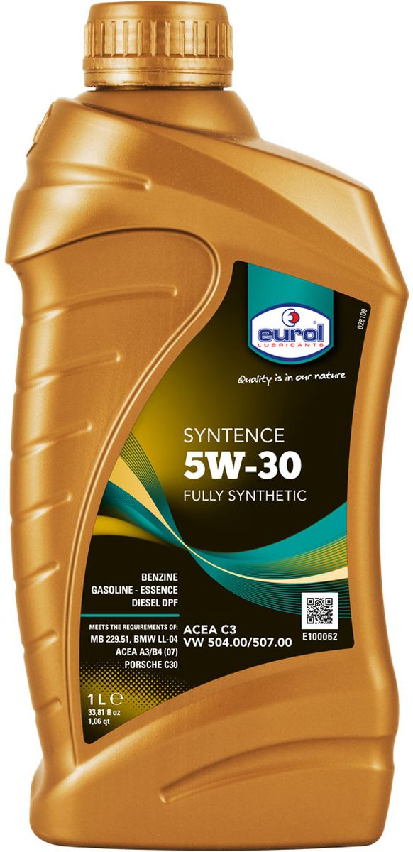 Масло моторное Eurol Syntence, синтетическое, 5W-30, 1 лE100062-1l_1 Масло моторное Eurol Syntence, синтетическое, 5W-30, 1 лE100062-1l_1Eurol Syntence 5W-30 - полностью синтетическое моторное масло для бензиновых, LPG и дизельных двигателей легковых автомобилей и легкого коммерческого транспорта, оборудованных фильтрами сажевых частиц (для соответствия нормам Euro-4 по выхлопным газам). Это масло специально разработано для автомобилей группы VAG (Volkswagen, Audi, Seat и Skoda) и подходит для увеличенных интервалов замены (дo 30.000 км для бензиновых и 50.000 км для дизельных моторов).Синтетическое моторное масло Eurol Syntence 5W-30 обеспечивает стабильную масляную пленку при холодном запуске и сохраняет ее при высоких температурах, трение сведено к минимуму.Eurol Syntence 5W-30 разработано по технологии присадок Eurol OPT и содержит меньшее количество серы, фосфора и фосфатов, что предотвращает забивание фильтра золовых частиц и продлевает их срок эксплуатации.Синтетическое моторное масло Eurol Syntence 5W-30 специально разработано для соответствия спецификациям VW 504.00 и 507.00, но также подходит и для автомобилей, требующих спецификации VW 503.00, 506.00, 506.01, 505.01, 502.00, 500.00, 501.01 и 505.00.Дальнейшие тесты показали, что продукт соответствует спецификации MB 229.51; это масло является не только универсально применимой для Volkswagen, но и для Mercedes.Соответствует требованиям ACEA C2, касающиеся защиты. Eurol Syntence 5W-30 подходит для всех VW двигателей с 2007 года.ВАЖНО: Это масло не подходит для двигателей R5 и V10 до 2007 года выпуска. Для этих моторов требуется VW 506.01, и Eurol Super Ultra II отвечает данным требованиям.ACEA C3; ACEA A3/B4; VW 504.00 ; VW 507.00 ; MB-Approval 229.51 ; BMW Longlife-04 ; Porsche C30