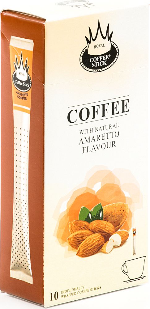 Royal Coffee Stick Amaretto кофе растворимый в стиках, 10 шт960 Royal Coffee Stick Amaretto кофе растворимый в стиках, 10 шт960Кофе растворимый в стиках Royal Coffee Stick Amaretto крепкий и потрясающе ароматный кофе со вкусом Амаретто. Универсальный кофе «на каждый день», со средним содержанием кофеина. Сбалансированный мягкий вкус. Хорош как в горячем, так и в холодном виде (Ice coffee). Для заваривания возьмите стик с кофе с той стороны, где начинается логотип. Опустите стик в чашку горячей воды и размешайте до желаемой крепости. Кофе упакован в пищевую фольгу, которую можно использовать вместо ложечки для размешивания сахара. Royal Coffee Stick порадует Вас потрясающим вкусом натурального кофе и подарит хорошее настроение на весь день.
