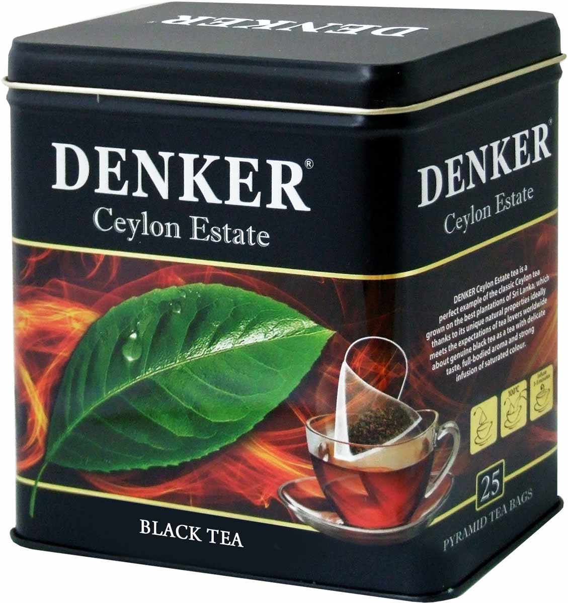 Denker Ceylon Estate черный чай в пирамидках, 25 шт1080025 Denker Ceylon Estate черный чай в пирамидках, 25 шт1080025Чай Denker Ceylon Estate - прекрасный образец классического цейлонского чая, выращенного на лучших плантациях Шри-Ланки, который благодаря своим уникальным природным качествам в наибольшей степени соответствует представлению любителей этого напитка во всем мире о настоящем черном чае с изысканным вкусом, насыщенным ароматом и крепким настоем яркого цвета.