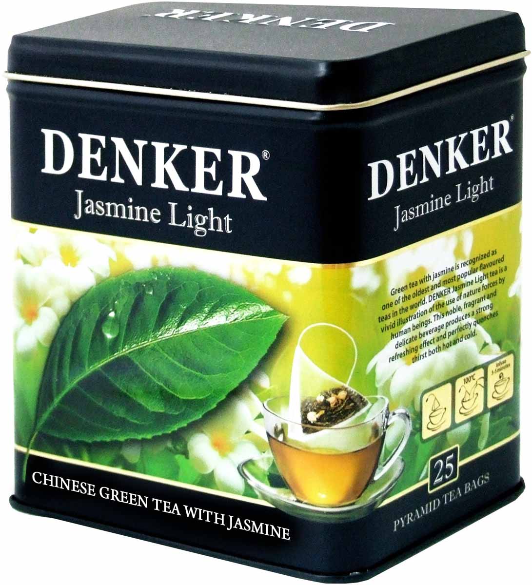 Denker Jasmine Light зеленый чай в пирамидках, 25 шт1080075 Denker Jasmine Light зеленый чай в пирамидках, 25 шт1080075Зеленый чай с лепестками жасмина считается одним из древнейших и наиболее популярных ароматизированных чаев в мире. Чай Denker Jasmine Light - яркий пример использования человеком естественных сил природы. Обладая мощным освежающим действием, этот ароматный и нежный на вкус благородный напиток прекрасно утоляет жажду как в горячем, так и в холодном виде.