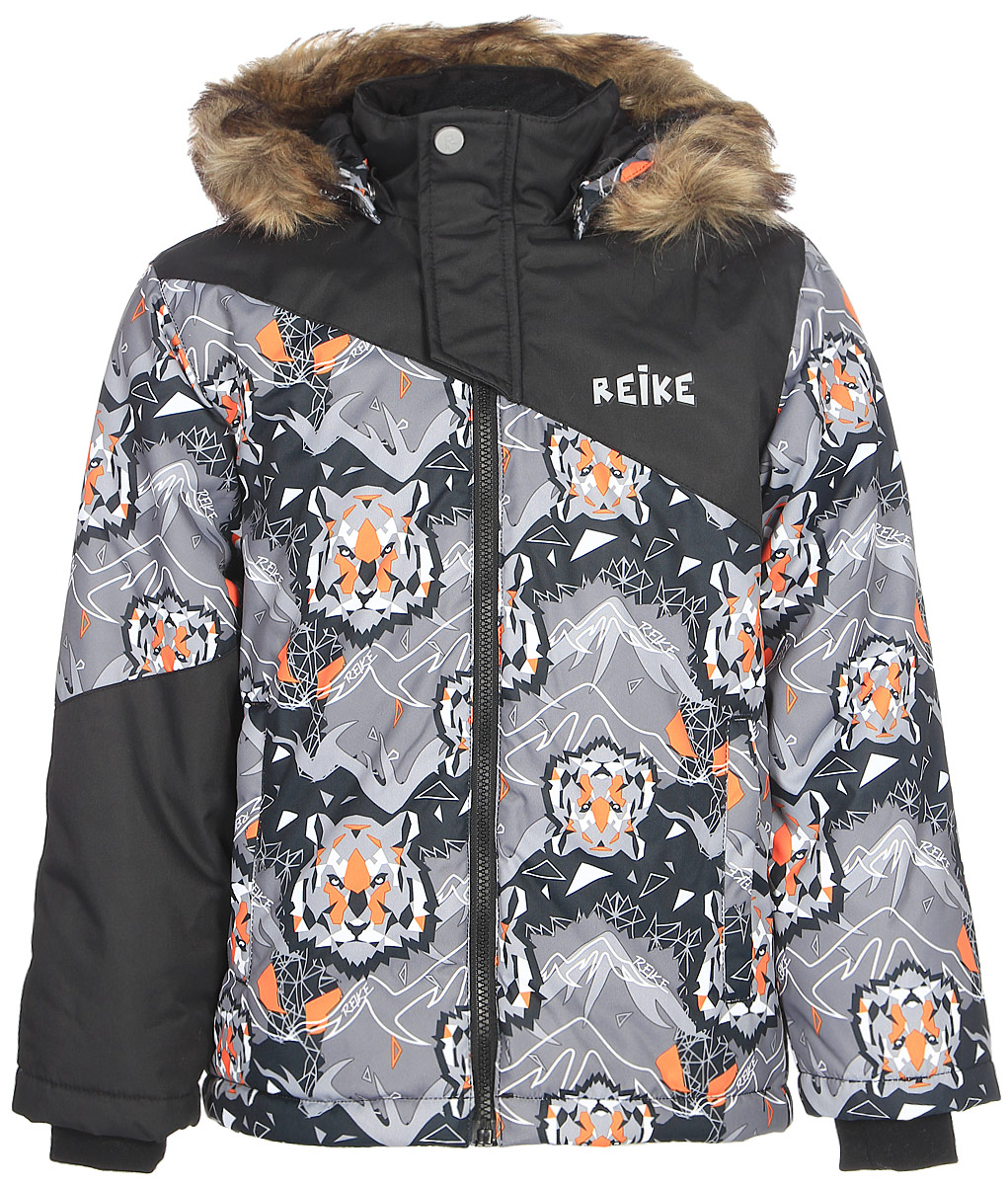 Куртка для мальчика Reike, цвет: серый. 3925510_TGR grey. Размер 1343925510_TGR grey Куртка для мальчика Reike, цвет: серый. 3925510_TGR grey. Размер 1343925510_TGR greyКуртка для мальчика Reike Tiger изготовлена из ветрозащитного, водоотталкивающего и дышащего материала декорирована оригинальным принтом со стилизованными изображениями тигра. Подкладка выполнена из принтованного полиэстера с флисовым подкладом. Куртка дополнена съемным регулирующимся капюшоном с отстегивающимся мехом, двумя карманами на молнии, светоотражающими элементами. Манжеты на резинке, регулируемая утяжка внизу куртки и внутренняя ветрозащитная планка вдоль молнии не допустят проникновения холодного воздуха. Дополнительную защиту от ветра обеспечивает короткая ветрозащитная планка на кнопках и липучках, расположенная у горловины.Базовый уровень. Коэффициент воздухопроницаемости куртки: 2000гр/м2/24 ч. Водоотталкивающее покрытие: 2000 мм.