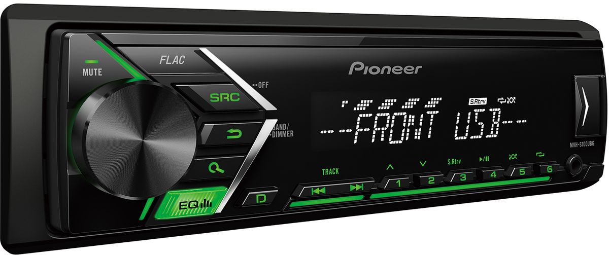 Pioneer MVH-S100UBG автомагнитола498431 Pioneer MVH-S100UBG автомагнитола498431Pioneer MVH-S100UBG - это высококачественный чистый звук мощностью 4 х 50 Вт. Стильная зеленая подсветка позволит этой модели превосходно вписаться в интерьер салона вашего автомобиля. Для усиления устройства можно подключить другие стереокомпоненты - фронтальные, тыловые АС или сабвуфер через выход предусилителя RCA. Воспроизводите CD или CD-R/RW с поддержкой MP3, WMA, WAV и FLAC файлов, или используйте USB, чтобы никогда не расставаться с любимой музыкой. Пятиполосный эквалайзер подарит вам полный контроль над звучанием любимых мелодий.Автомагнитола поддерживает подключение Android-смартфонов и управление с помощью приложения Pioneer ARC.