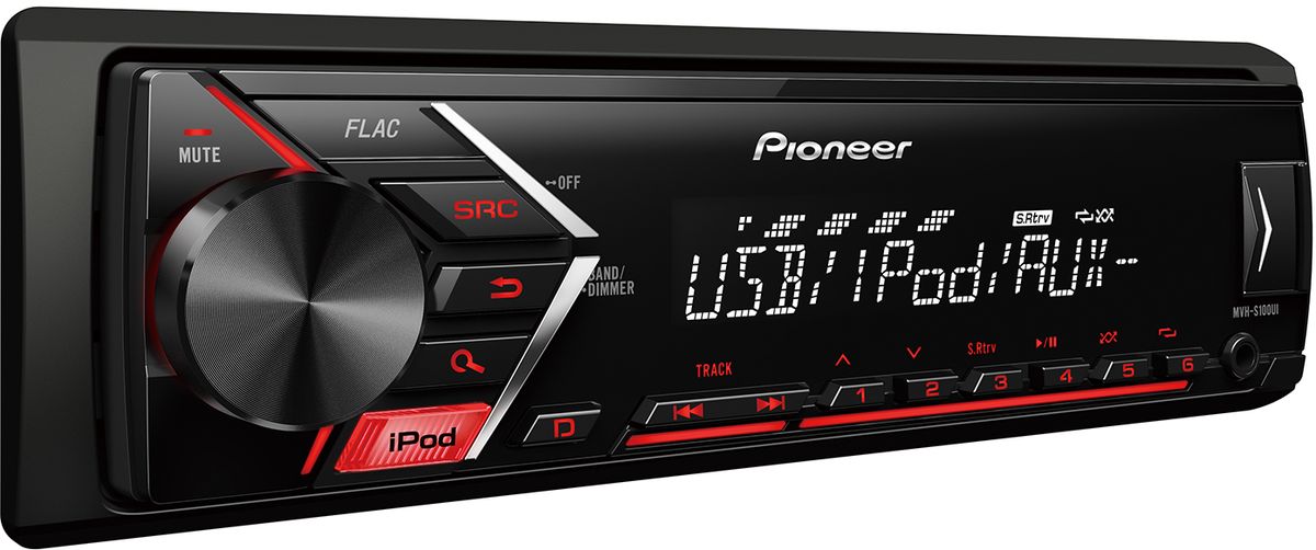 Pioneer MVH-S100UI автомагнитола498433 Pioneer MVH-S100UI автомагнитола4984331Din автомагнитола USB / AUX, 4X50 Вт, 2 RCA, красная подсветка кнопок, белый цвет экрана, поддержка формата FLAC, подключение смартфонов Android / iPhone, управление при помощи приложения Pioneer ARC, 5-ти полосный эквалайзер