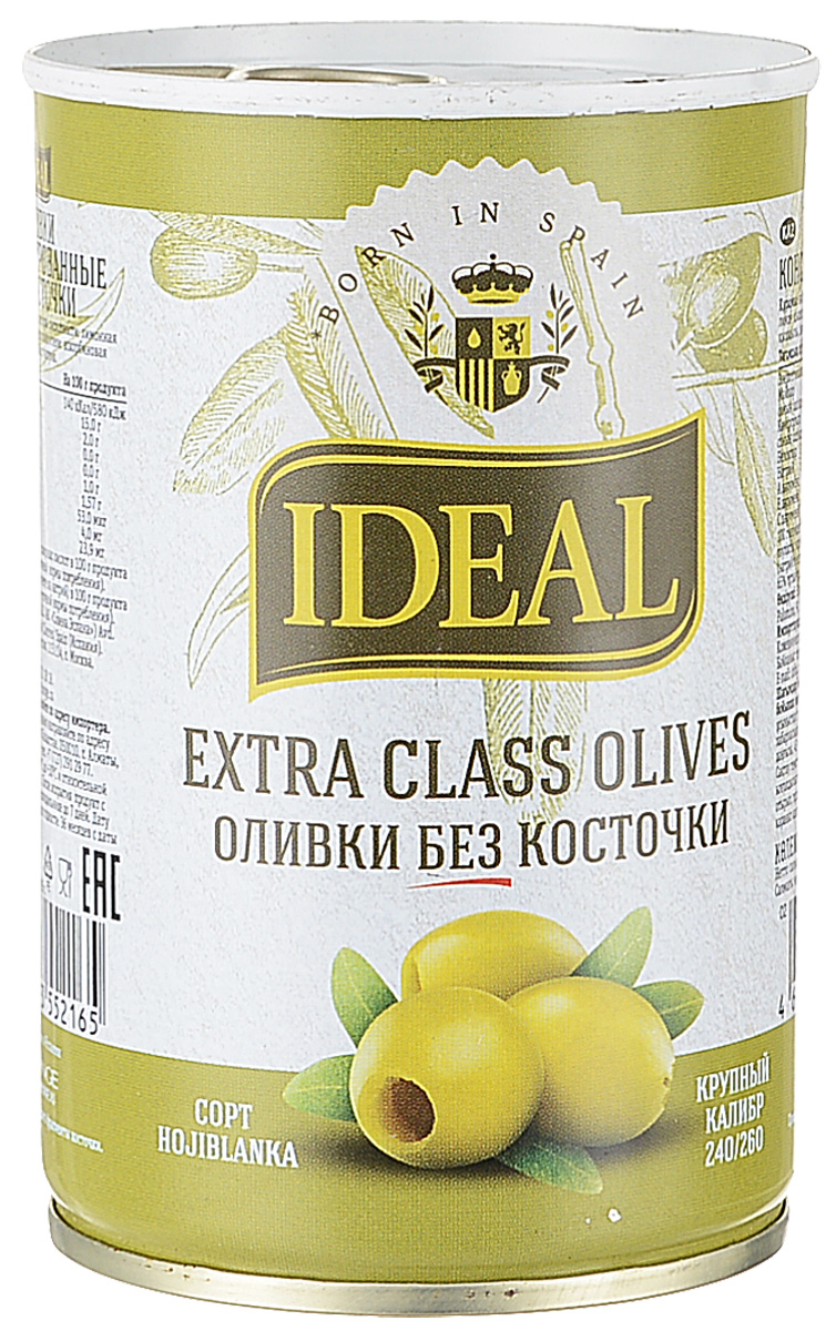 Ideal оливки без косточки Extra Class, 300 г7878 Ideal оливки без косточки Extra Class, 300 г7878Оливки богаты белками, пектинами, сахарами, витаминами: В, С, Е, Р-активными катехинами, содержат соли калия, фосфора, железа и других элементов.Оливки Ideal подойдут для украшения блюд, изготовления большого количества закусок и салатов, на их основе можно приготовить разнообразные соусы, добавить в пиццу и пироги, подать как самостоятельную закуску к винам.