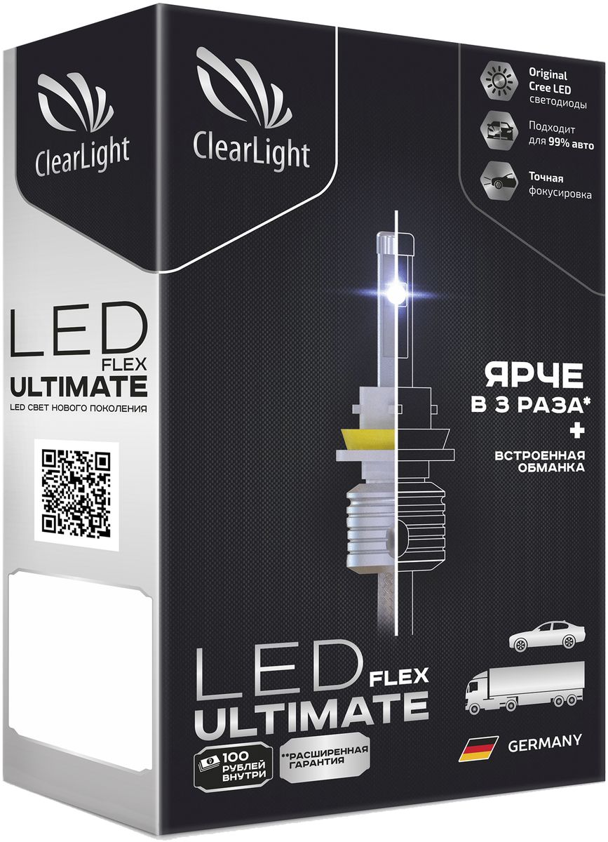 Лампа автомобильная светодиодная Clearlight Flex Ultimate, для фар, цоколь H3, 5500 Лм, 2 штCLFLULED0H3-6 Лампа автомобильная светодиодная Clearlight Flex Ultimate, для фар, цоколь H3, 5500 Лм, 2 штCLFLULED0H3-6Светодиодная LED лампы Clearlight Flex Ultimate - инновационная разработка с точной фокусировкой. Яркие СREE диоды позволяют достичь трехкратного увеличения яркости лампы. Усовершенствованная система ленточного охлаждения на 50% эффективнее предыдущих версий.
