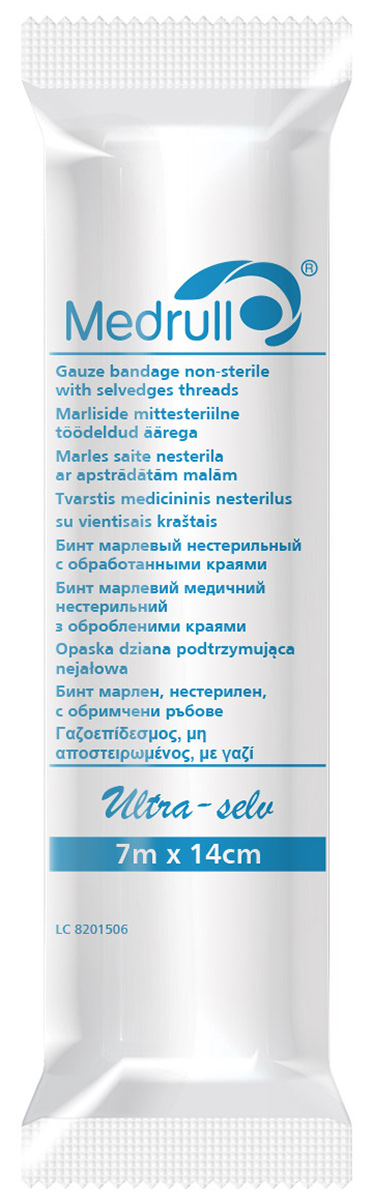 Medrull Бинт марлевый фиксирующий Ultra-selv с обработанными краями, нестерильный, 7м х 14см4742225002624 Medrull Бинт марлевый фиксирующий Ultra-selv с обработанными краями, нестерильный, 7м х 14см4742225002624Марлевые бинты, нестерильные, с обработанными краями, состав 100% хлопок