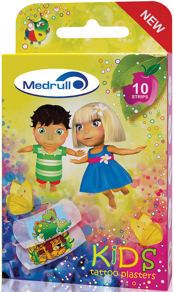 Medrull Лейкопластырь медицинский детский в стрипах Kids Tattoo 10 шт4742225005762 Medrull Лейкопластырь медицинский детский в стрипах Kids Tattoo 10 шт4742225005762Водонепроницаемые, грязенепроницаемыe, прозрачные тонкие пластыри с веселым рисунком тату, обязательно понравятся детям. Пластыри изготовлены из эластичного полиуретанового материала, гипоаллергенны. Абсорбирующая подушечка изготовлена из вискозы и обладает высокой впитываемостью. Верхняя часть подушечки обработана полипропиленом, что защищает от вероятности прилипания пластыря к поврежденной поверхности кожи.Товар сертифицирован.