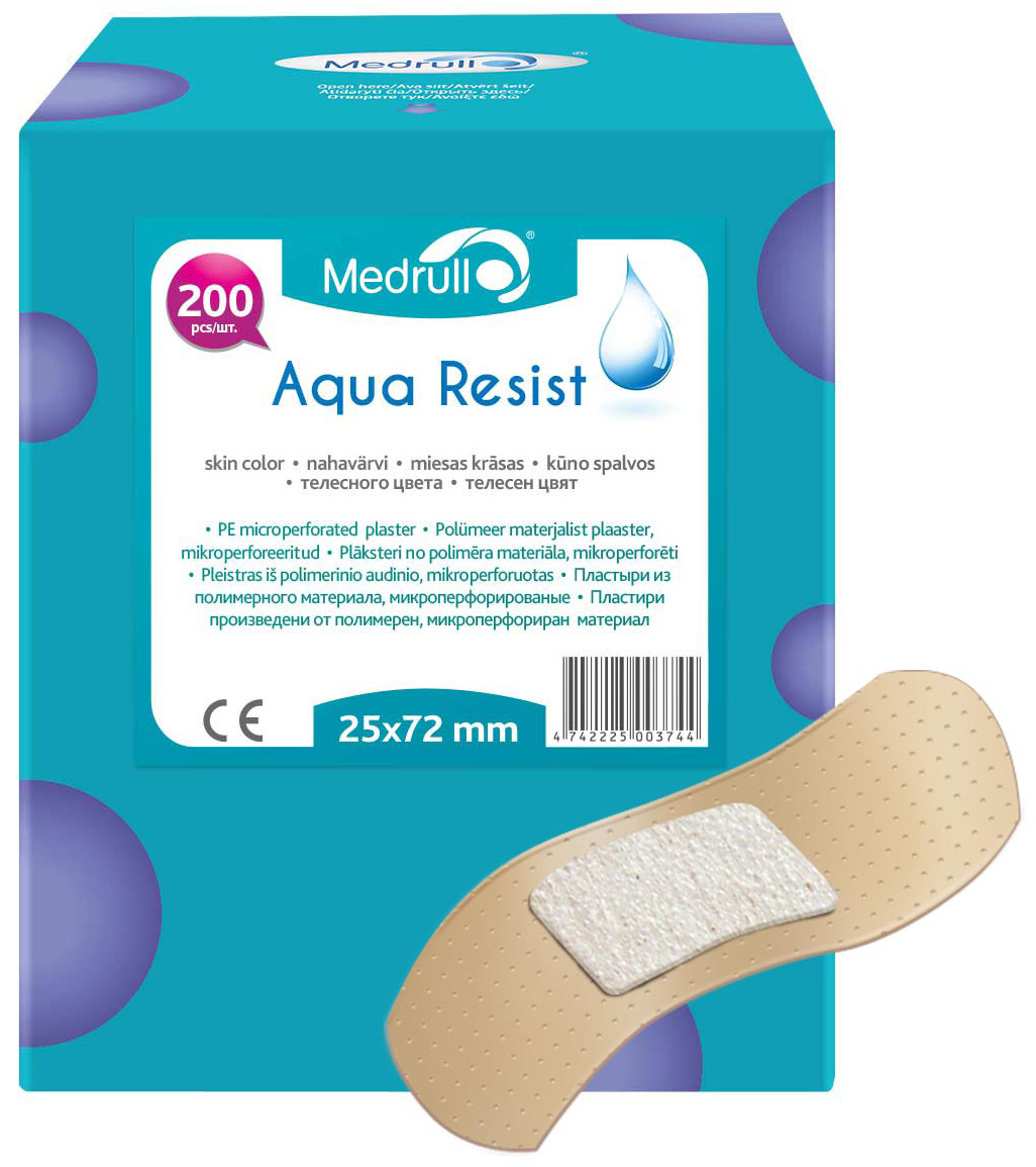 Medrull Набор пластырей Aqua Resist, 2,5х7,2 см, №2004742225003744 Medrull Набор пластырей Aqua Resist, 2,5х7,2 см, №2004742225003744Универсальные пластыри удобно и легко защитят рану от попадания влаги и грязи. Изготовлены из тонкого, перфорированного, полимерного материала, благодаря перфорации не препятствуют доступу воздуха к коже. Свойства пластыря: водонепроницаемые, грязенепроницаемые, гипоаллергенные, эластичные, дышащие, плотно прилегающие. Абсорбирующая подушечка изготовлена из вискозы и обладает высокой впитываемостью. Верхняя часть подушечки обработана полипропиленом, что защищает от вероятности прилипания пластыря к поврежденной поверхности кожи.