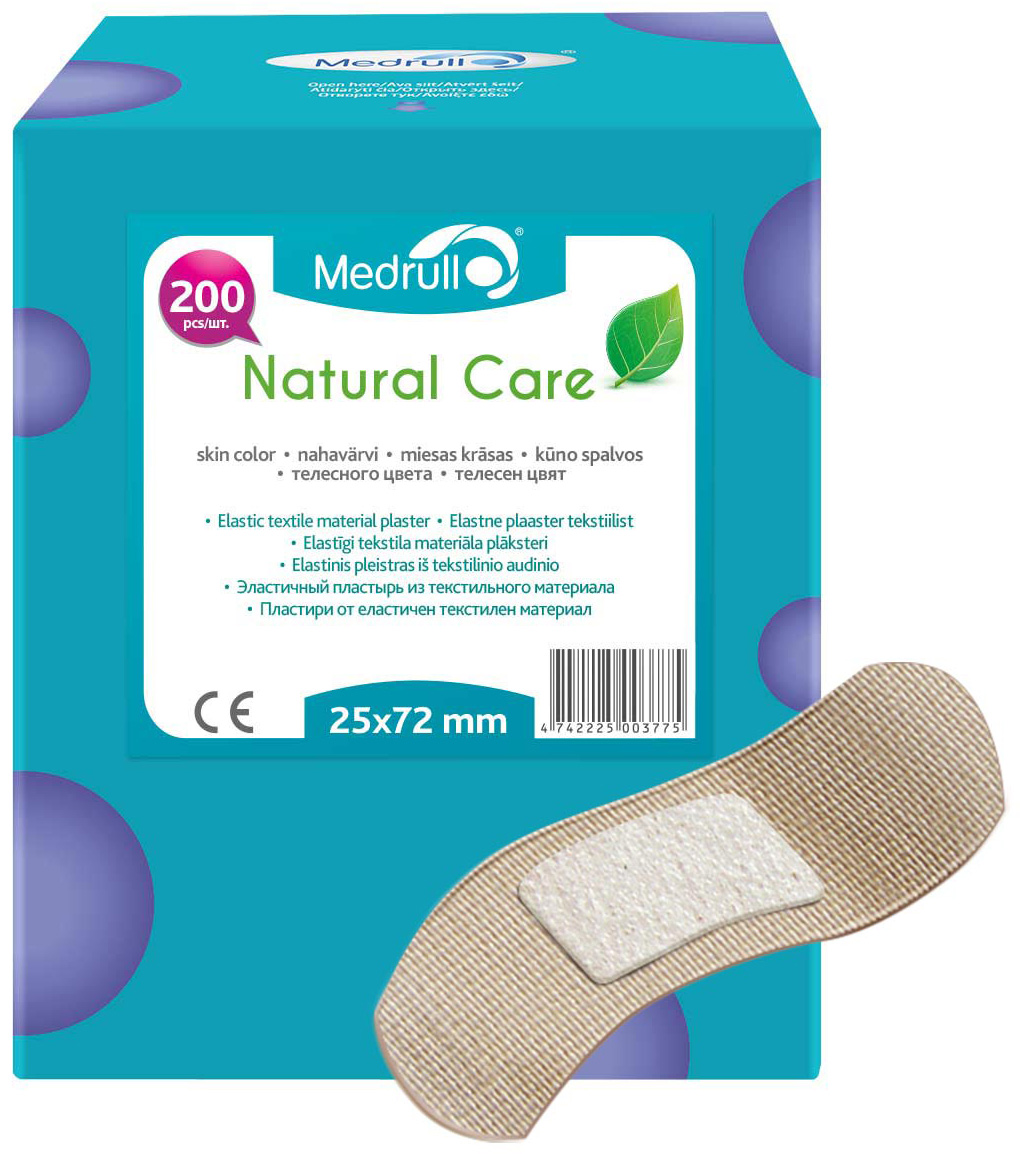 Medrull Набор пластырей Natural Care, 2,5х7,2 см, №2004742225003775 Medrull Набор пластырей Natural Care, 2,5х7,2 см, №2004742225003775Гипоаллергенные пластыри, предназначенные для людей, кожа которых, чувствительна к факторам окружающей среды. Пластыри изготовлены из приятного для кожи эластичного,текстильного материала, в состав которого входит - 65% хлопок, 35% полиамид, благодаря чему, возможность появления аллергии снижена до минимума. Свойства пластыря: грязенепроницаемые, гипоаллергенные, эластичные, дышащие, плотно прилегающие. Абсорбирующая подушечка изготовлена из вискозы и обладает высокой впитываемостью. Верхняя часть подушечки обработана полипропиленом, что защищает от вероятности прилипания пластыря к поврежденной поверхности кожи.