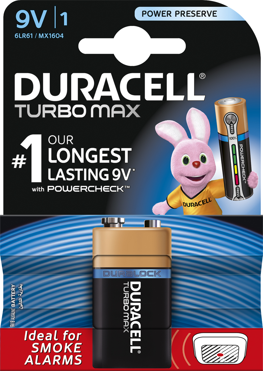 Батарейка щелочная Duracell Turbo Max, 9V, 1 шт81529776 Батарейка щелочная Duracell Turbo Max, 9V, 1 шт81529776Duracell предлагает широкий выбор батареек для электронных устройств, требующих надежного источника питания. Duracell Turbo Max размера крона (9V) - щелочные батарейки, которые идеально подойдут для всех ваших устройств. Благодаря им энергоемкие устройства будут работать на полную мощность. Щелочные батарейки Duracell Turbo Max - самые долговечные батарейки, оснащенные ядром повышенной плотности (самые долговечные батарейки Duracell размера крона (9V) по результатам тестов 2015 г на основе международного стандарта МЭК для детекторов дыма). Технология Powercheck™ позволяет легко определить уровень заряда каждой батарейки, чтобы избежать нежелательных перебоев в работе устройств, и повторно использовать батарейки в менее энергоемких устройствах даже тогда, когда они перестают работать в более энергоемких (храните батарейки вместе и не смешивайте их с неиспользованными во втором устройстве). Достаточно всего лишь нажать на белые точки, расположенные на обоих концах батарейки, и индикатор покажет оставшийся уровень заряда. Кроме того, благодаря особой технологии Duralock неиспользованные батарейки Duracell могут сохранять заряд до 10 лет при хранении в обычных условиях. Это лучшие щелочные батарейки Duracell для таких энергоемких устройств, как цифровые камеры, фотовспышки, электронные игрушки и аудиосистемы высокой мощности. И, конечно же, они прекрасно подойдут для часто используемых устройств: механизированных игрушек, фонариков, портативных игровых устройств, электробритв, CD-плееров, электрических зубных щеток. Особенности: - Батарейки Duracell Turbo Max оснащены уникальным индикатором заряда Powercheck™, благодаря которому можно легко определить уровень заряда каждой батарейки. - Самая долговечная батарейка размера крона (9V) по результатам тестов, проведенных в 2015 г на основе международного стандарта МЭК для детекторов дыма; результаты могут отличаться в зависимости от устройства. - Батарейка, благодаря которой часто используемые устройства с высоким уровнем потребления энергии будут работать на полную мощность. - С батарейками Duracell Turbo Max ваш фонарь будет светить дольше и ярче (по сравнению с ведущими аналогами в ходе тестирования на основе всемирно принятого стандарта ANSI/NEMA Fl1 с использованием фонарей Ledlenser M5; результаты могут отличаться в зависимости от устройства и особенностей использования). - Благодаря особой технологии Duralock неиспользованные батарейки Duracell могут сохранять заряд до 10 лет при хранении в обычных условиях. - Представлены в размерах AA, AAA, C, D и 9V.