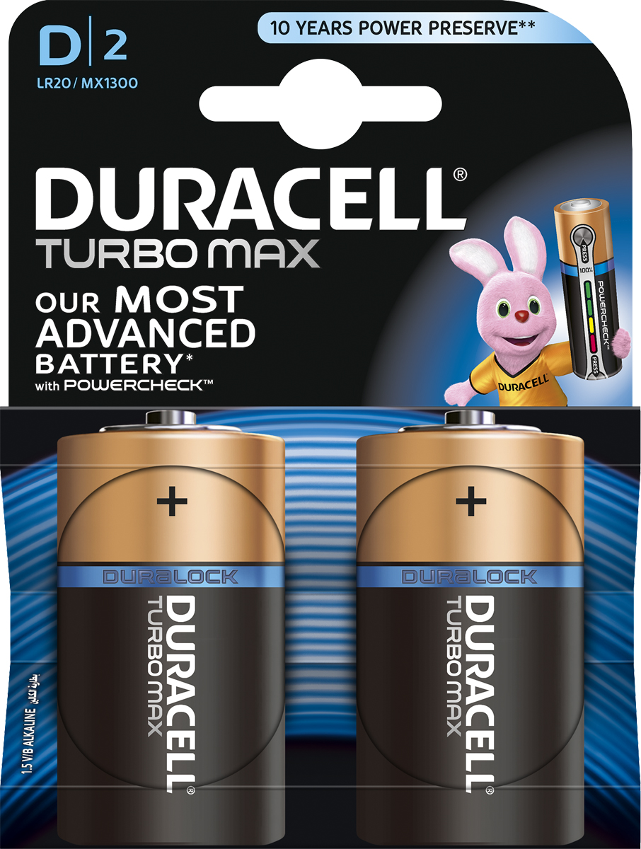 Батарейка щелочная Duracell Turbo Max, тип D, 2 шт81529786 Батарейка щелочная Duracell Turbo Max, тип D, 2 шт81529786Duracell предлагает широкий выбор батареек для электронных устройств, требующих надежного источника питания. Duracell Turbo Max - щелочные батарейки, которые идеально подойдут для всех ваших устройств. Благодаря им энергоемкие устройства будут работать на полную мощность. Щелочные батарейки Duracell Turbo Max - самые высокоэффективные батарейки (по сравнению с щелочными аккумуляторами размера AAA, C и D). Технология Powercheck™ позволяет легко определить уровень заряда каждой батарейки, чтобы избежать нежелательных перебоев в работе устройств, и повторно использовать батарейки в менее энергоемких устройствах даже тогда, когда они перестают работать в более энергоемких (храните батарейки вместе и не смешивайте их с неиспользованными во втором устройстве). Достаточно всего лишь нажать на белые точки, расположенные на обоих концах батарейки, и индикатор покажет оставшийся уровень заряда. Кроме того, благодаря особой технологии Duralock неиспользованные батарейки Duracell могут сохранять заряд до 10 лет при хранении в обычных условиях. Это лучшие щелочные батарейки Duracell для таких энергоемких устройств, как цифровые камеры, фотовспышки, электронные игрушки и аудиосистемы высокой мощности. И, конечно же, они прекрасно подойдут для часто используемых устройств: механизированных игрушек, фонариков, портативных игровых устройств, электробритв, CD-плееров, электрических зубных щеток. Особенности: - Батарейки Duracell Turbo Max оснащены уникальным индикатором заряда Powercheck™, благодаря которому можно легко определить уровень заряда каждой батарейки. - Самая высокоэффективная батарейка (по сравнению со щелочными аккумуляторами типа AAA, C и D). - Батарейка, благодаря которой часто используемые устройства с высоким уровнем потребления энергии будут работать на полную мощность. - С батарейками Duracell Turbo Max ваш фонарь будет светить дольше и ярче (по сравнению с ведущими аналогами в ходе тестирования на основе всемирно принятого стандарта ANSI/NEMA Fl1 с использованием фонарей Ledlenser M5; результаты могут отличаться в зависимости от устройства и особенностей использования). - Благодаря особой технологии Duralock неиспользованные батарейки Duracell могут сохранять заряд до 10 лет при хранении в обычных условиях. - Представлены в размерах AA, AAA, C, D и 9V.