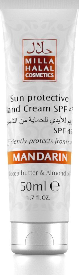 Milla Halal Cosmetics Солнцезащитный крем для рук SPF 45 Mandarin, 50 мл10799 Milla Halal Cosmetics Солнцезащитный крем для рук SPF 45 Mandarin, 50 мл10799Солнцезащитный крем для рук SPF 45 обеспечивает надежную защиту от солнечных ожогов, предотвращая воспалительные процессы. Масла Какао и Миндаля эффективно питают, смягчают и увлажняют кожу рук. Крем содержит витамин Е, который является антиоксидантом и способствует регенерации клеток, устраняет покраснения и отечность кожи. Входящие в состав крема масла Жожоба, Кокоса, Ши и Оливы, также, как и масла Какао и Миндаля, являются натуральными защитными УФ-фильтрами.