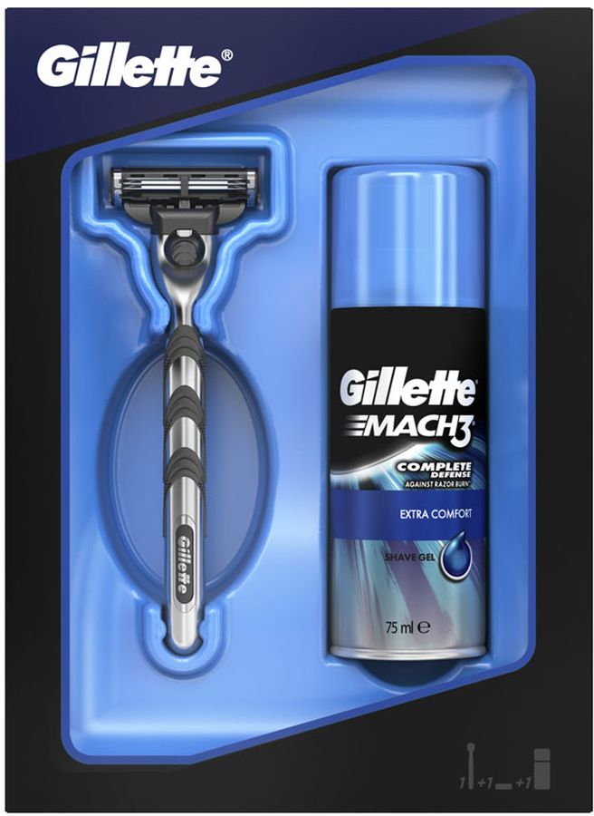 Gillette Mach3 Бритва Подарочный Набор + Mach3 Экстра комфорт Гель для бритьяMAG-81622809 Gillette Mach3 Бритва Подарочный Набор + Mach3 Экстра комфорт Гель для бритьяMAG-81622809Подарочный набор Gillette Mach3 подарит идеально гладкое бритье. В набор входят мужская бритва Gillette Mach3 и гель для бритья Mach3 Экстра комфорт 75 мл. Бритва оснащена 3 лезвиями DuraComfort, обеспечивающими продолжительный комфорт, гелевой полоской и усовершенствованным микрогребнем SkinGuard. Гель для бритья создает густую приятную пену, великолепно удерживающую влагу (по сравнению с гелями для бритья Mach3). Подарочный набор Gillette Mach3 подарит идеально гладкое бритье.В набор входят мужская бритва Gillette Mach3 и гель для бритья Mach3 Экстра комфортБритва оснащена 3 лезвиями DuraComfort, гелевой полоской и усовершенствованным микрогребнем SkinGuardГель для бритья образует густую, приятную пену