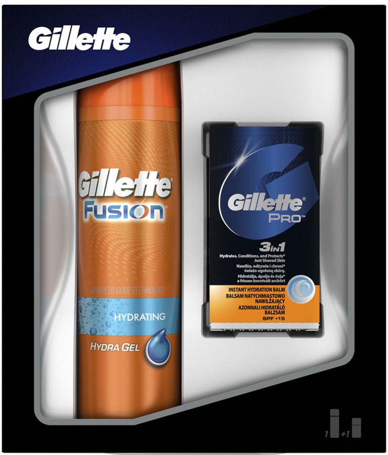 Gillette Fusion Гель Для Бритья, 200 мл Подарочный Набор + Бальзам 3в1, 50 млGIL-81628271 Gillette Fusion Гель Для Бритья, 200 мл Подарочный Набор + Бальзам 3в1, 50 млGIL-81628271Подарочный набор Gillette Fusion подарит нужную защиту до и после бритья. В набор входят мужской гель для бритья Gillette Fusion Увлажняющий 200 мл и бальзам после бритья Gillette Pro 3-в-1 Мгновенное увлажнение 50 мл. Гель для бритья содержит увлажняющие вещества, которые смягчают волоски на лице и защищают кожу во время бритья. Бальзам после бритья 3-в-1 увлажняет, восстанавливает и защищает* только что выбритую кожу (*фактор защиты SPF15, также помогает защитить кожу от УФА/УФВ-лучей). Подарочный набор Gillette Fusion подарит нужную защиту до и после бритья.В набор входят мужской гель для бритья Gillette Fusion Увлажняющий 200 мл и бальзам после бритья Gillette Pro 3-в-1 50 млГель для бритья увлажняет, смягчает волоски и помогает защитить кожуУвлажняющий бальзам после бритья увлажняет и восстанавливает только что выбритую кожу