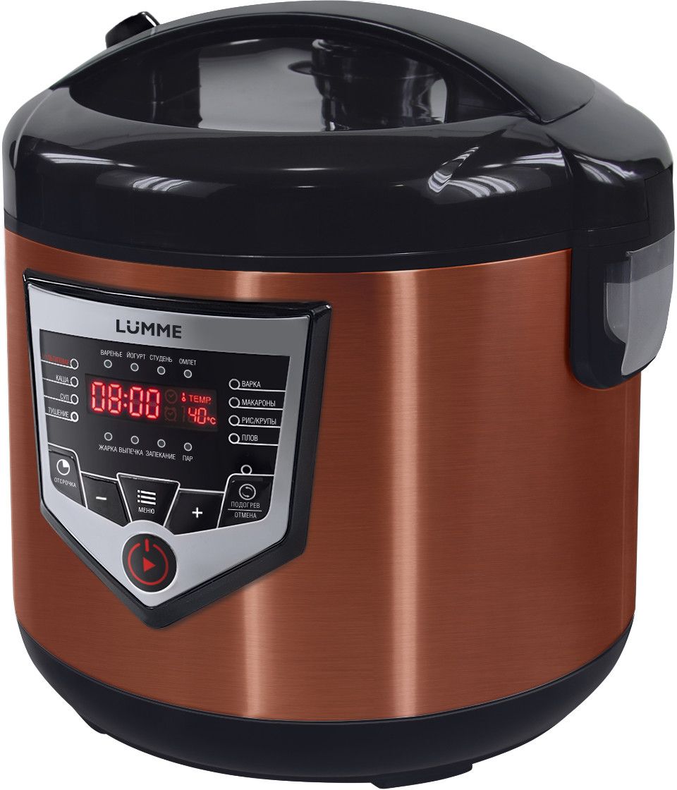 Lumme LU-1446 NEW, Dark Garnet мультиваркаLU-1446 гранат Lumme LU-1446 NEW, Dark Garnet мультиваркаLU-1446 гранатМультиварка Lumme LU-1446 NEW - это высокотехнологичная кухонная техника для легкого приготовления всевозможных блюд с сохранением всех питательных свойств продуктов.46 программ приготовления (16 автоматических программ и 30 ручных настроек) позволяют приготовить множество новых блюд! Помимо стандартного для большинства мультиварок набора блюд теперь вы можете готовить йогурты, жаркое, студень, заливное, буженину, варить варенье или морс.Для каждой из 16 автоматических программ подобраны оптимальные значения времени и температуры приготовления, загружаемые по умолчанию при запуске программы.Также, одной из главных особенностей мультиварки является возможность ручной настройки времени (от 1 минуты до 24 часов с шагом в 1 минуту) и температуры приготовления (от 30 до 180°C с шагом в 1°C) в настройках любой программы, что позволяет задать 30 вариантов ручных настроек программ приготовления.Мультиварка оснащена функцией Автоподогрев, которая запускается автоматически после окончания программы (кроме программ Жарка и Йогурт) и поддерживает блюдо в горячем состоянии в течение 24 часов.Функция Отсрочка позволяет отложить время начала приготовления пищи на срок до 24 часов. Приготовьте свой завтрак вечером!Приготовление брынзы - еще один шаг к приготовлению греческого салата без похода в магазин. Нет ничего более вкусного, чем только что порезанные овощи прямо с грядки, заправленные оливковым маслом, лимонным соком и брынзой собственного производства!