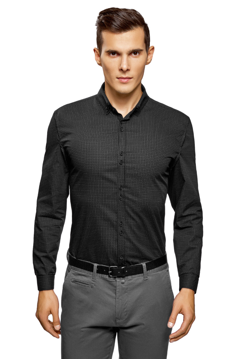 Рубашка мужская oodji, цвет: черный, серый. 3L110275M/44425N/2923G. Размер 37 (42-182)