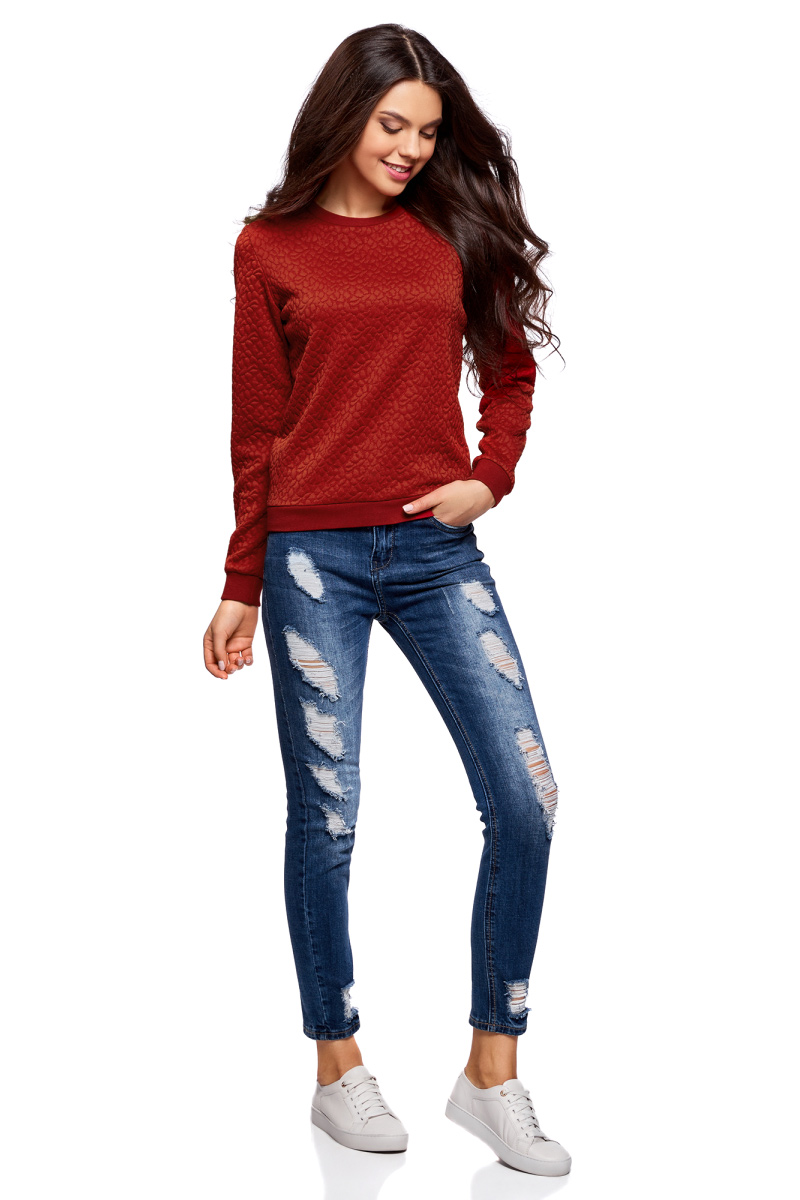 Свитшот женский oodji Collection, цвет: бордовый. 24801010-15/47199/4901N. Размер XL (50)24801010-15/47199/4901N Свитшот женский oodji Collection, цвет: бордовый. 24801010-15/47199/4901N. Размер XL (50)24801010-15/47199/4901NЖенский свитшот от oodji выполнен из фактурной ткани. Модель с длинными рукавами и круглым вырезом горловины. Манжеты рукавов и низ изделия дополнены трикотажными резинками.