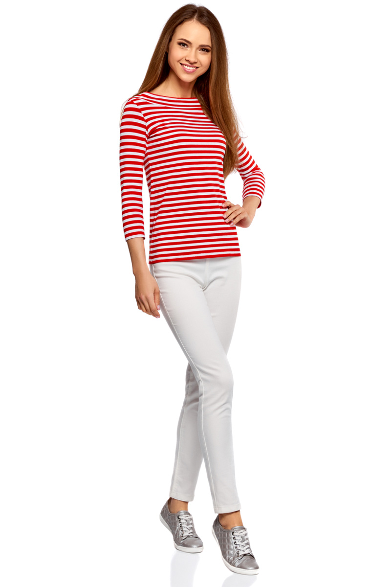 Лонгслив женский oodji Collection, цвет: красный, белый. 24201010B/46147/4510S. Размер XXL (52)24201010B/46147/4510S Лонгслив женский oodji Collection, цвет: красный, белый. 24201010B/46147/4510S. Размер XXL (52)24201010B/46147/4510SЖенский лонгслив oodji выполнен из натурального хлопка с добавлением эластана. Модель с воротником лодочкой и рукавами 3/4 оформлена прострочкой.