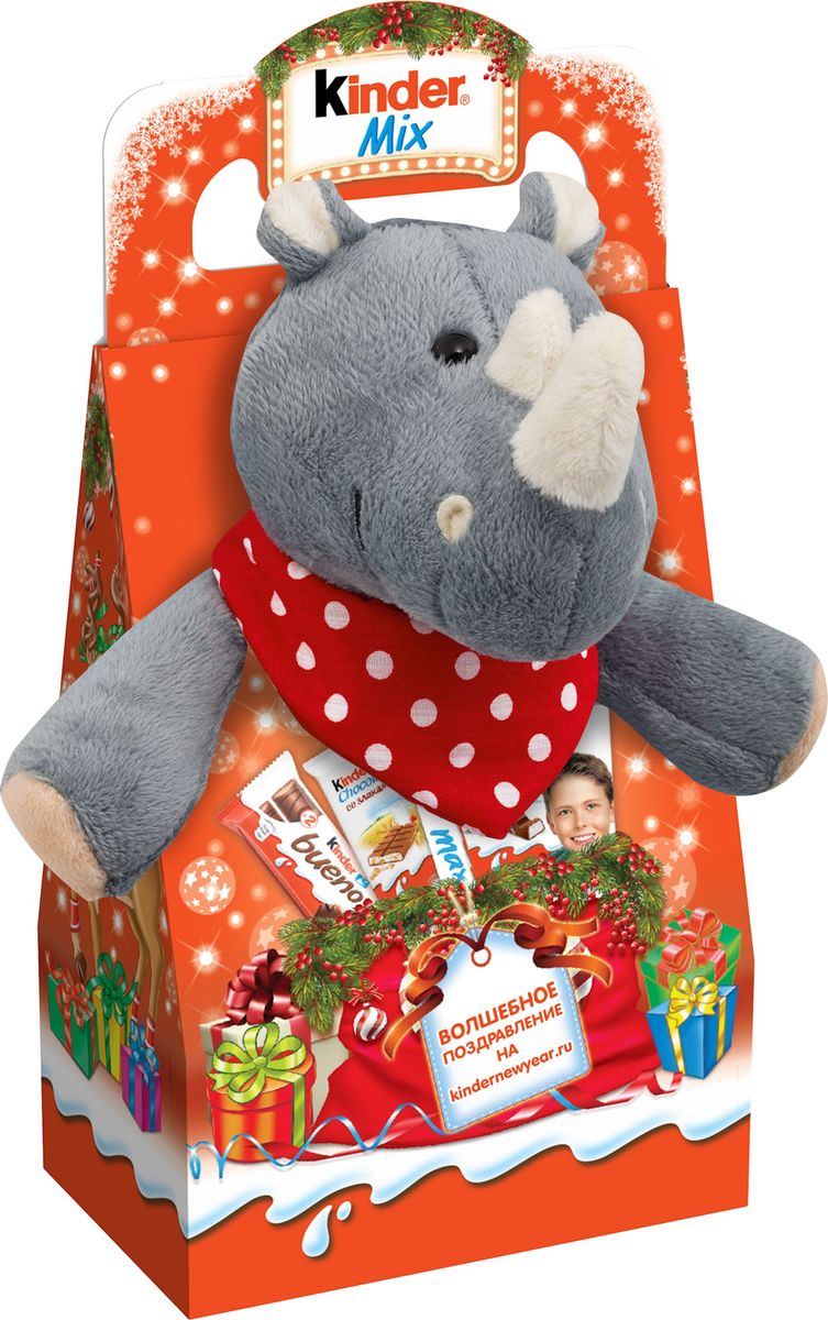 Kinder Mix Носорог подарочный набор с игрушкой, 137,5 г8000500247600_Носорог Kinder Mix Носорог подарочный набор с игрушкой, 137,5 г8000500247600_НосорогПодарочный набор Киндер Микс с плюшевой игрушкой: Шоколад молочный Kinder Chocolate Maxi, шоколад молочный Kinder Chocolate со злаками, Вафли Kinder Bueno, Шоколад молочный Kinder Chocolate.