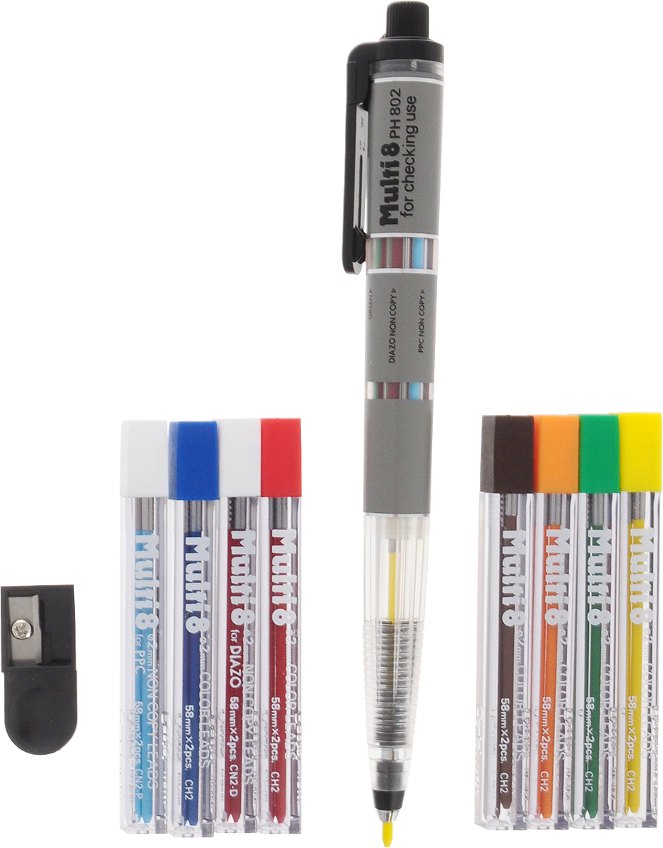 Pentel Канцелярский набор Multi 8PH802ST Pentel Канцелярский набор Multi 8PH802STНабор Pentel Multi 8 включает в себя многофункциональный автоматический карандаш, 8 наборов цветных грифелей, точилку. Набор поставляется в пластиковом футляре, на поролоновой подложке размещены пеналы с запасными грифелями, карандаш и точилка. Всего в комплекте 8 пеналов по два грифеля в каждом. В комплект вложена инструкция на японском и английском языке.Механический карандаш Multi 8 вмещает 8 грифелей разных цветов диаметром 2 мм: оранжевый, желтый, зеленый, красный, синий, голубой, коричневый, бордовый. Каждый грифель оснащен металлическим кольцом для защиты от ломкости.Для удобства смены грифелей на корпусе имеется прозрачное окошко и текстовая маркировка на английском языке:Red - Красный грифельGreen - Зеленый грифельOrange - Оранжевый грифельBrown - Коричневый грифельYelow - Желтый грифельBlue - Синий грифельPPC NON COPY - Голубой грифель с защитой от ксерокопированияDIAZO NON COPY - Бордовый грифель с защитой от диазокопирования. Голубой (PPC non copy) и бордовый (Diazo non copy) грифели имеют защиту от копирования.Diazo non copy (бордовый грифель) защищает записи при диазокопировании (диазотипное светокопирование) — способ копирования документовна основе диазотипии — применяется главным образом для копирования чертежно-конструкторской документации. Изменения, подчеркивания, пометки, внесенные в документацию таким карандашом, не будут заметны при диазокопировании.PPC non copy (голубой грифель) еще известен как карандаш редактора, так как применяется при письменном редактировании и правкедокументов, текстов перед печатью и не может быть обнаружен при ксерокопировании.