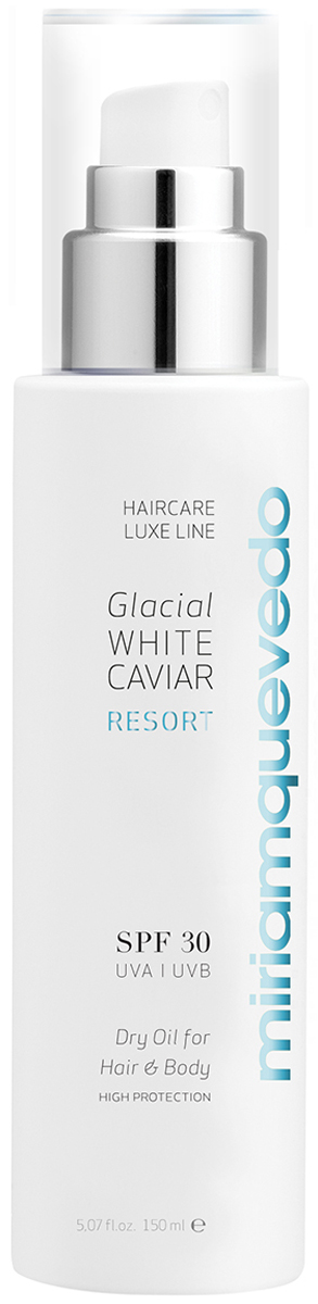 Miriam Quevedo Сухое масло для волос и тела SPF30 (Glacial White Caviar Resort SPF30 Dry Oil For Hair and Body) 150 млMQ345 Miriam Quevedo Сухое масло для волос и тела SPF30 (Glacial White Caviar Resort SPF30 Dry Oil For Hair and Body) 150 млMQ345Защищает волосы и кожу от негативного воздействия UVA и UVB-излучения и свободных радикалов. Мгновенно создает на поверхности защитный барьер, предохраняющий от фотостарения и необратимых повреждений ДНК. Интенсивно увлажняет, восстанавливает эластичность и мягкость, придает блеск волосам, а коже – гладкость и шелковистость.