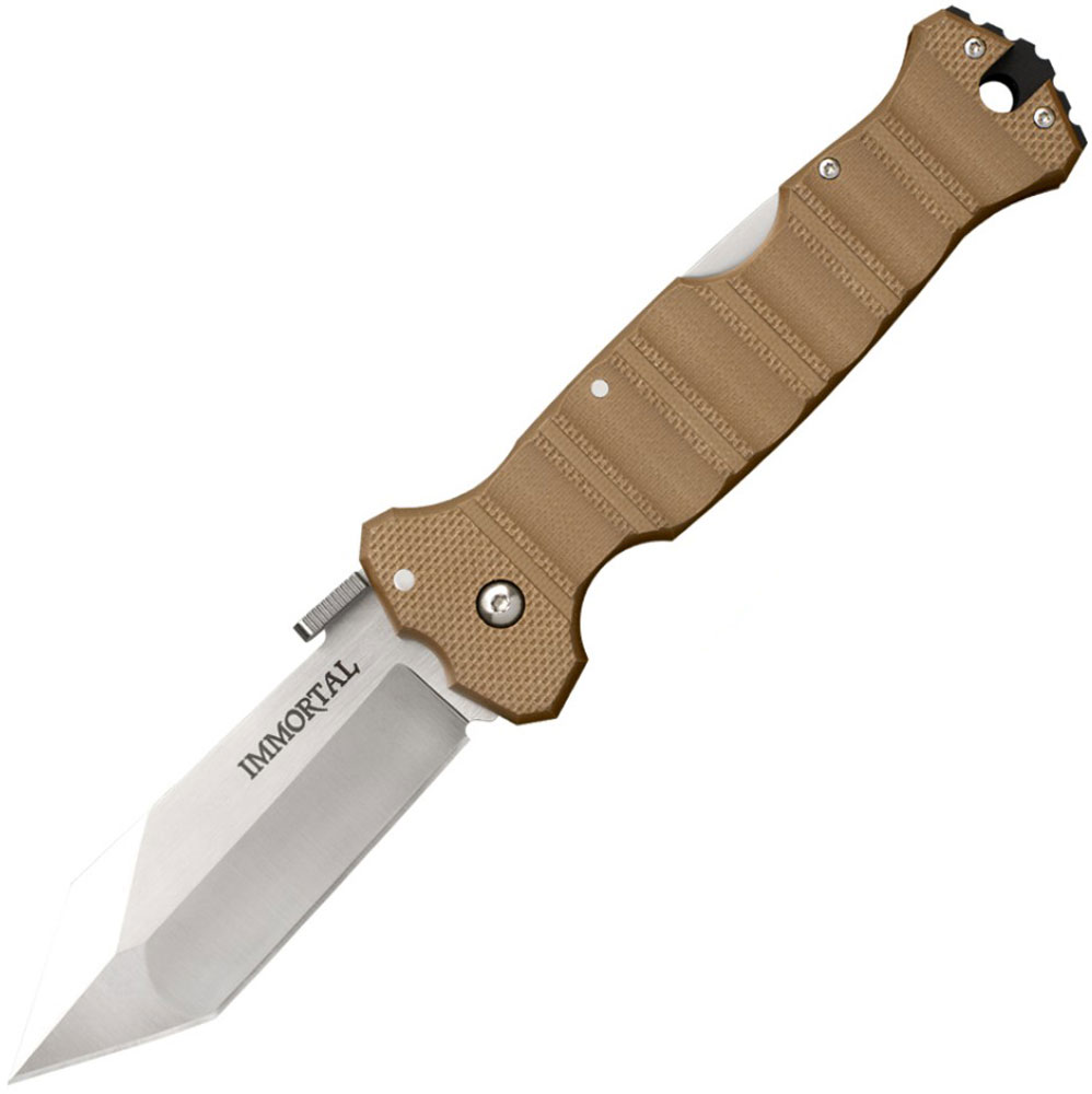 Нож складной Cold Steel Immortal, цвет: коричневый, длина клинка 10,2 смCS/23GVB Нож складной Cold Steel Immortal, цвет: коричневый, длина клинка 10,2 смCS/23GVBРазработанный Майком Уоллесом (Mike Wallace), нож Cold Steel Immortal - это крупный, агрессивный и готовый к битве тактический складной нож, который черпает вдохновение во всемирно известных мечах Римской армии. Отличительная черта ножа Immortal - привлекательный и необычный клинок из стали Carpenter CTS-XHP, с широким углом танто и фальшлезвием на обухе, основанный на древнеримском коротком мече Гладиус. Снабженный запатентованной пластиной Thumb Plate от Andrew Demko, для быстрого открытия любой рукой или при помощи зацепа. Рельефная и контурная рукоять CNC обработки из высококачественного Американского G10, обеспечивает надежный и удобный хват даже в плохих условиях или при ношении толстых перчаток. Кроме того, прочный бэкспейсер из алюминия 6061 сконструирован так, чтобы слегка выступать из торца рукояти, создавая специальный выступ для нанесения нелетальных ударов или разбития стекла. Дополненный инновационным замком Tri-Ad Lock для дополнительной силы и безопасности. Cold Steel Immortal - отличный выбор! Нагло тактический складной нож, который будет гордостью коллекции любого воина!
