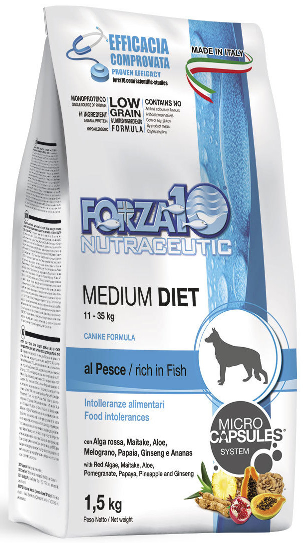 Корм сухой Forza10 Diet для взрослых собак средних пород, с океанической рыбой с микрокапсулами, 1,5 кг0103115 Корм сухой Forza10 Diet для взрослых собак средних пород, с океанической рыбой с микрокапсулами, 1,5 кг0103115Корм для взрослых собак средних пород из океанической рыбы с микрокапсулами. Монобелковый, Полнорационный, гипоаллергенный. Для чувствительных собак средних пород с пищевой непереносимостью мяса промышленного производства.Для сокращения пищевой аллергии и непереносимости ингредиентов корма и питательных веществ.