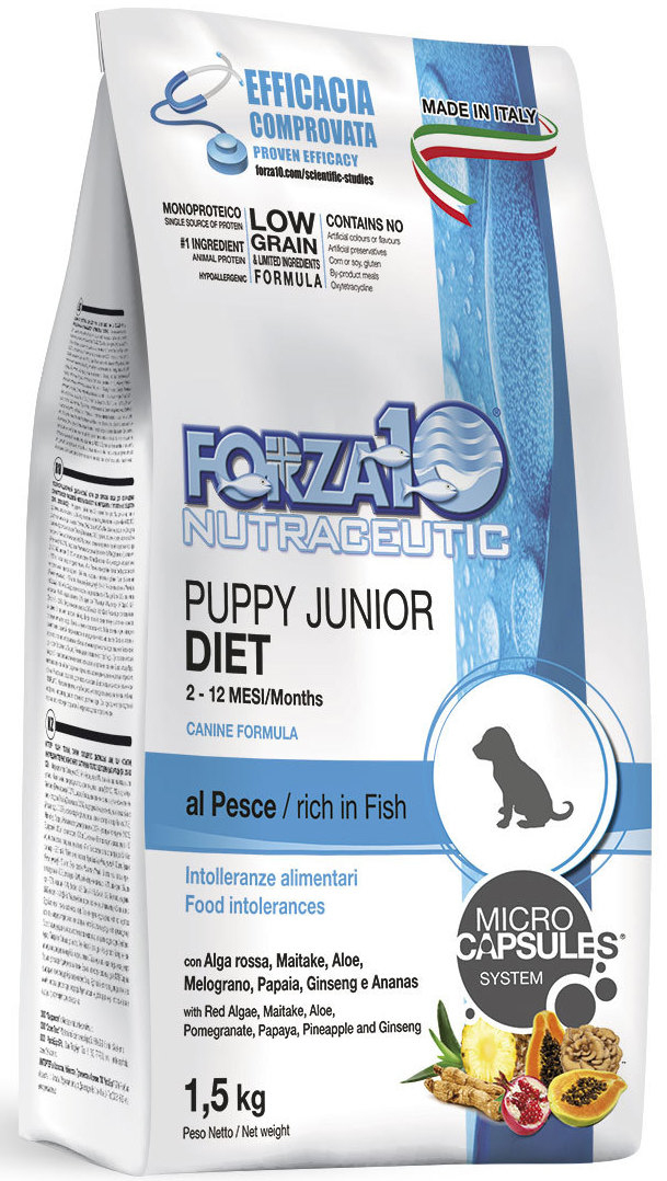 Корм сухой Forza10 Diet диетический, гипоаллергеный, для щенков всех пород и собак в период беременности и лактации, с рыбой, 1,5 кг0108115 Корм сухой Forza10 Diet диетический, гипоаллергеный, для щенков всех пород и собак в период беременности и лактации, с рыбой, 1,5 кг0108115Диетический полнорационный, монобелковый, гипоаллергеный корм для щенков всех пород и собак в период беременности и лактации. Характеризуеся высокой биологической ценностью входящих в его состав компонентов, легко усваивающихся организмом. В корм входит оптимальное количество ненасыщенных жирных кислот Омега3 из рыбьего жира для активного роста и развития щенка. Рекомендуется для профилактики и лечения пищевой аллергии и непереносимости ингредиентов кормов и питательных веществ, эффективно предупреждает патологии, связанные с повышенной чувствительностью к мясу, особенно промышленного производства.