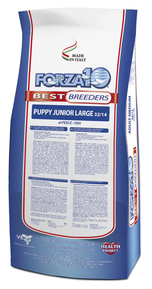 Корм сухой Forza 10 Best Breeders для щенков крупных и гиганстких пород от 5 до 12 месяцев и собак в период беременности и лактации, с рыбой, 20 кг0109028 Корм сухой Forza 10 Best Breeders для щенков крупных и гиганстких пород от 5 до 12 месяцев и собак в период беременности и лактации, с рыбой, 20 кг0109028Корм с рыбой для щенков крупных и гиганстких пород от 5-х до 12 месяцев и сук в период беременности и лактации. Полнорационный, гипоаллергенный. Обладает высокой биологической ценностью и усвояемостью. Баланс Омега 3:6 и кальций+фосфор, на фоне биологически чистого белка обеспечит вашему щенку гармоничное формирование скелета, суставов, связок. Для кормления щенков со сверхчувствительностью на любой вид промышленного мяса. Система Био МОС+ ФОС для поддержки пищеварения и иммунитета поможет вырастить здоровую собаку!