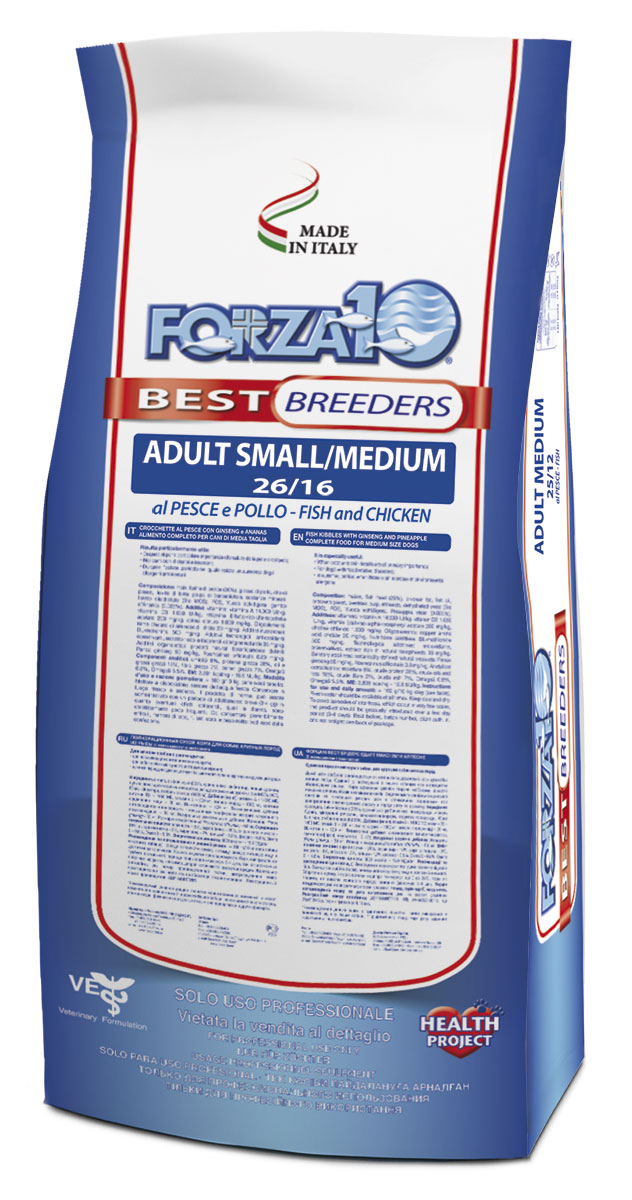 Корм сухой Forza 10 Best Breeders для взрослых собак мелких и средних пород, с курицей и рыбой, 20 кг109040 Корм сухой Forza 10 Best Breeders для взрослых собак мелких и средних пород, с курицей и рыбой, 20 кг109040Полнорационный корм для взрослых собак мелких и средних пород на курице и рыбе. Рекомендуется:- для нормализации состояния кожи и шерсти; для собак с нарушением пищеварения; в летний период, когда количество аллергенов в окружающей среде повышено. Особая формула Омега 3:6 обеспечит эластичность кожи, блеск и фактуру красивой шерсти! МОС и ФОС поддерживают иммунитет и здоровье пищеварительного тракта.