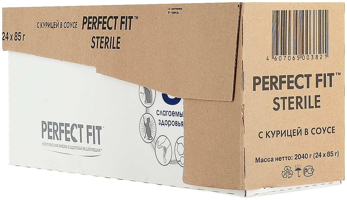 Консервы Perfect Fit Sterile для кастрированных котов и стерилизованных кошек, рагу с курицей, 85 г х 24 шт41411 Консервы Perfect Fit Sterile для кастрированных котов и стерилизованных кошек, рагу с курицей, 85 г х 24 шт41411Консервы Perfect Fit Sterile созданы специально для поддержания жизненного тонуса и хорошего самочувствия домашних кошек после кастрации или стерилизации. Особенности:- поддержание оптимального уровня pH мочи благодаря специальной аминокислоте - метионину; - специальная рецептура позволяет снизить потребление калорий при каждом кормлении; - не содержит сои, консервантов, ароматизаторов, искусственный красителей, усилителей вкуса. Состав: мясо и субпродукты (в том числе курица минимум 14%), злаки, растительное масло, таурин, метионин, витамины, минеральные вещества.Пищевая ценность (100 г): белки - 7,5 г, жиры - 3 г, клетчатка - 0,5 г, зола - 2,5 г, витамин А - не менее 200 МЕ, витамин Е - не менее 1,2 мг, таурин - 80 мг, метионин - 35 мг, влага - 83 г.Энергетическая ценность (100 г): 68 ккал.В упаковке 24 пауча по 85 г.Товар сертифицирован.Уважаемые клиенты! Обращаем ваше внимание на возможные изменения в дизайне упаковки. Качественные характеристики товара остаются неизменными. Поставка осуществляется в зависимости от наличия на складе.