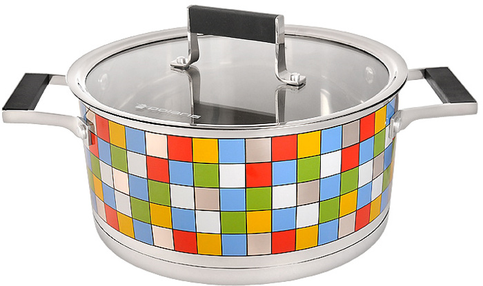 Кастрюля Polaris Mosaic с крышкой, 5 лMOSAIC 24С Кастрюля Polaris Mosaic с крышкой, 5 лMOSAIC 24СКастрюля Polaris Mosaic идеально подойдет для приготовления вкусной и здоровой пищи. Она изготовлена из высококачественной нетоксичной хромоникелевой нержавеющей стали 18/10. Зеркальная полировка с уникальной мозаичной деколью с внешней стороны придает посуде привлекательный вид. Специальное утолщенное тройное дно (5,6 мм) с прослойкой из алюминия (4,5 мм) обеспечивает быстрый и равномерный нагрев кастрюли. Специальная обработка стенок и дна значительно облегчает процесс чистки и мытья посуды. На внутренней стороне стенок имеются отметки литража, что является дополнительным удобством во время приготовления пищи. Кастрюля снабжена двумя удобными не нагревающимися комбинированными ручками из стали с силиконовыми вставками. К кастрюле прилагается крышка, которая позволяет готовить пищу без потери тепла, сокращает сроки приготовления продуктов, максимально сохраняет витамины, микроэлементы и питательные вещества. Она оснащена металлическим ободом и специальным отверстием для выпуска пара. Стальная ручка крышки также имеет силиконовую вставку, которая обеспечивает безопасное использование. Кастрюля Polaris Mosaic подходит для использования на всех типах плит, включая индукционные. Характеристики:Материал:нержавеющая сталь 18/10, алюминий, стекло, силикон. Объем кастрюли:5 л. Внутренний диаметр кастрюли:24 см. Внешний диаметр кастрюли:25,3 см. Высота стенок кастрюли:12 см. Толщина стенок кастрюли:0,6 мм. Размер упаковки:35,5 см х 14 см х 25 см. Производитель:США. Изготовитель:Китай. Артикул:MOSAIC 24SP. УВАЖАЕМЫЕ КЛИЕНТЫ!Обращаем ваше внимание на тот факт, что объем ковша указан максимальный, с учетом полного наполнения до кромки, шкала на внутренней стенке имеет меньший литраж.