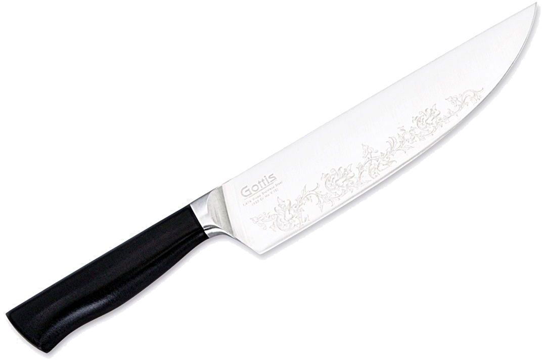 Шеф-нож Gottis, кованый, 20 см. 71192171 Шеф-нож Gottis, кованый, 20 см. 71192171171 Шеф-нож КОВАНЫЙ, 20 см. Эксклюзивный авторский орнамент, нанесенный лазером и устойчивый к истиранию.Кованая немецкая сталь Krupp (1.4116), твердостью 54 HRC.Изготовлен из цельного листа металла от острия до кончика рукояти, что гарантирует прочность и долгий срок службы изделия. Эргономичная рукоятка выполнена из РОМ (полиоксиметилена), устойчивая к деформации.